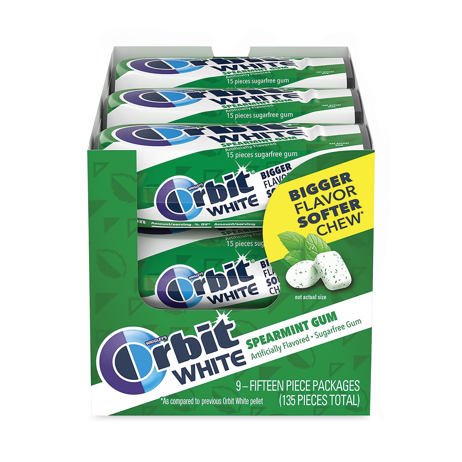 Orbit® White Sugar-Free Gum, Spearmint, 15 Pieces/Pack, 9 Packs/Carton