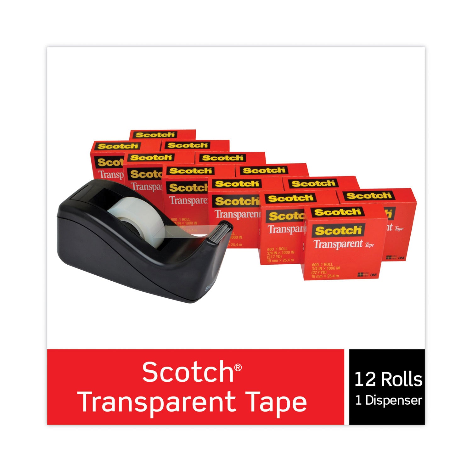 Scotch® Transparent Tape Value Pack with Black Dispenser, 1" Core, 0.75" x 83.33 ft, Transparent