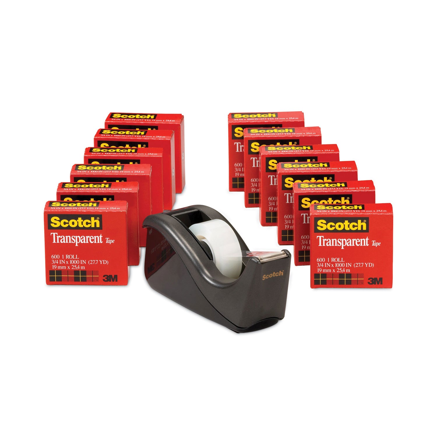 Scotch® Transparent Tape Value Pack with Black Dispenser, 1" Core, 0.75" x 83.33 ft, Transparent