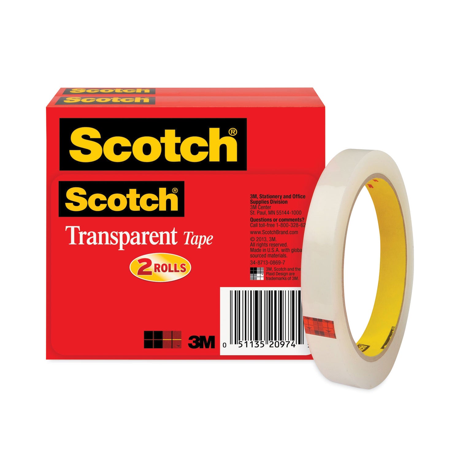 Scotch® Transparent Tape, 3" Core, 0.5" x 72 yds, Transparent, 2/Pack