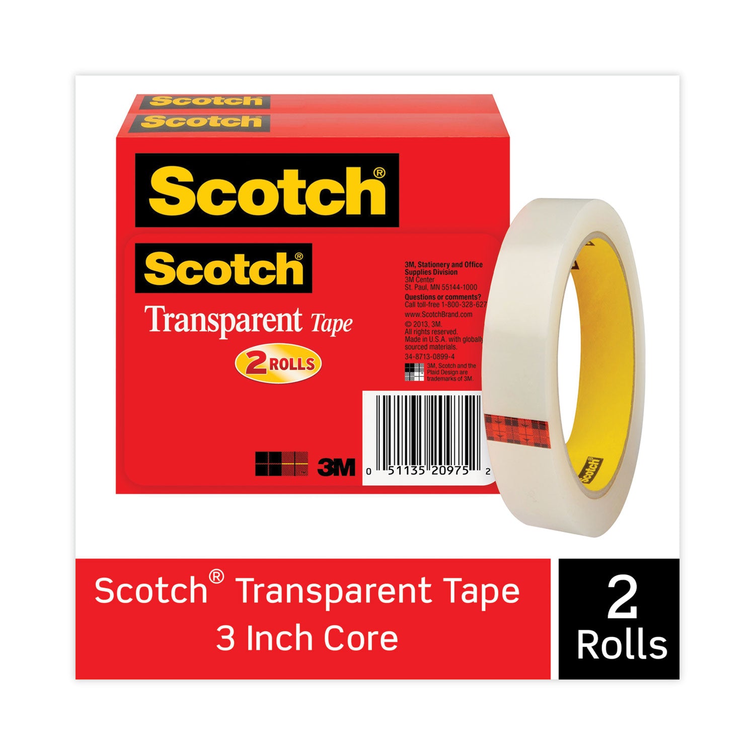 Scotch® Transparent Tape, 3" Core, 0.75" x 72 yds, Transparent, 2/Pack