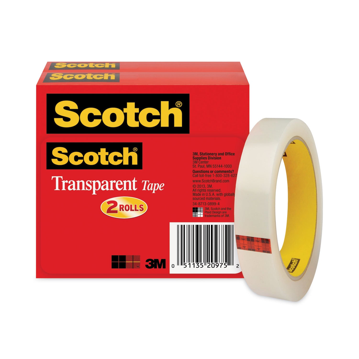 Transparent Tape, 3" Core, 0.75" x 72 yds, Transparent, 2/Pack