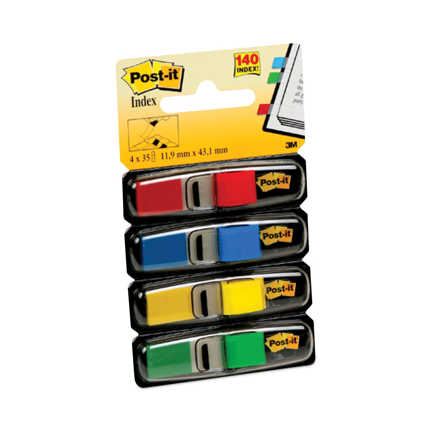 Post-it® Flags Small Page Flags in Dispensers, 0.5 x 1.75, Assorted Primary, 35/Color, 4 Dispensers/Pack