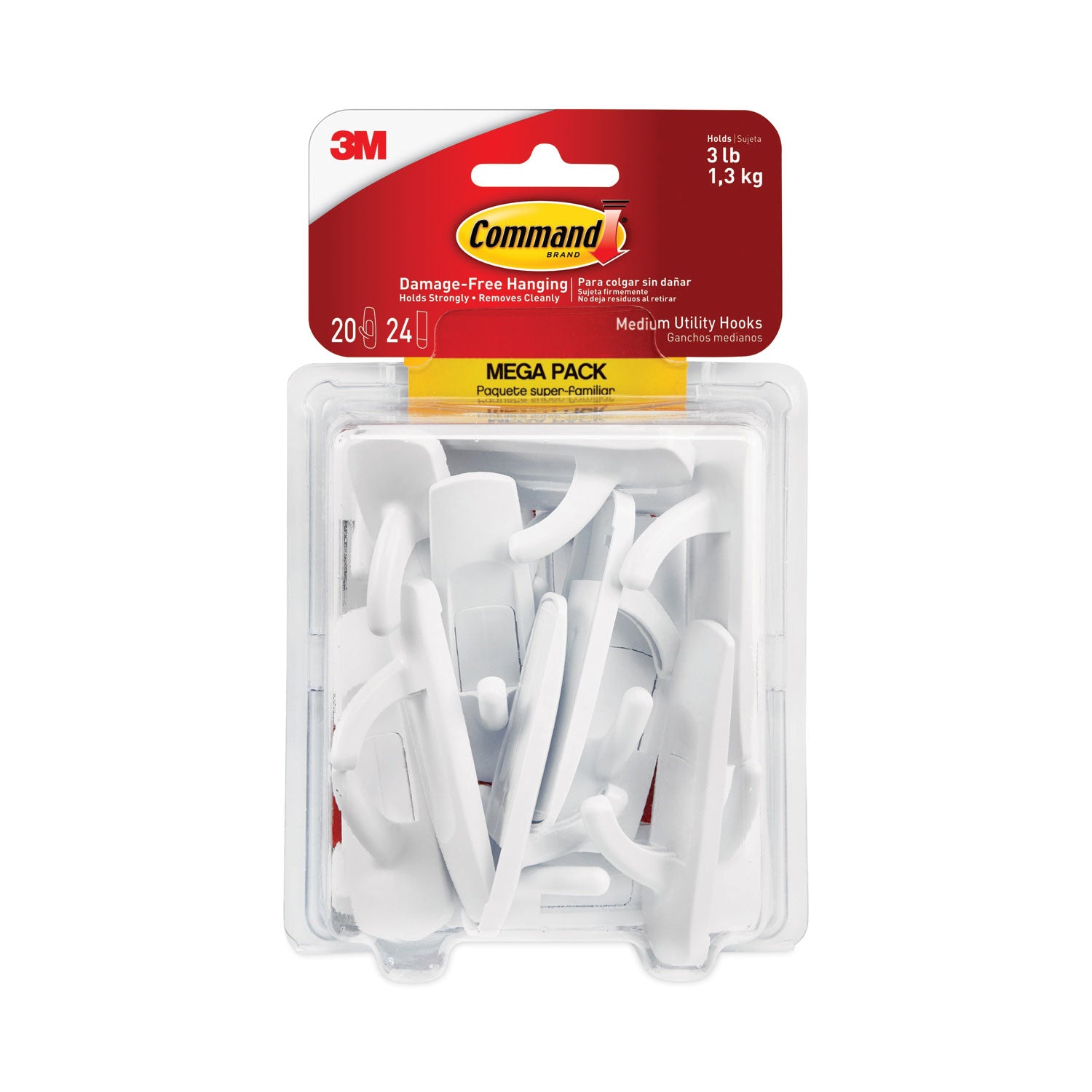 Command™ General Purpose Hooks, Medium, Plastic, White, 3 lb Capacity, 20 Hooks and 24 Strips/Pack