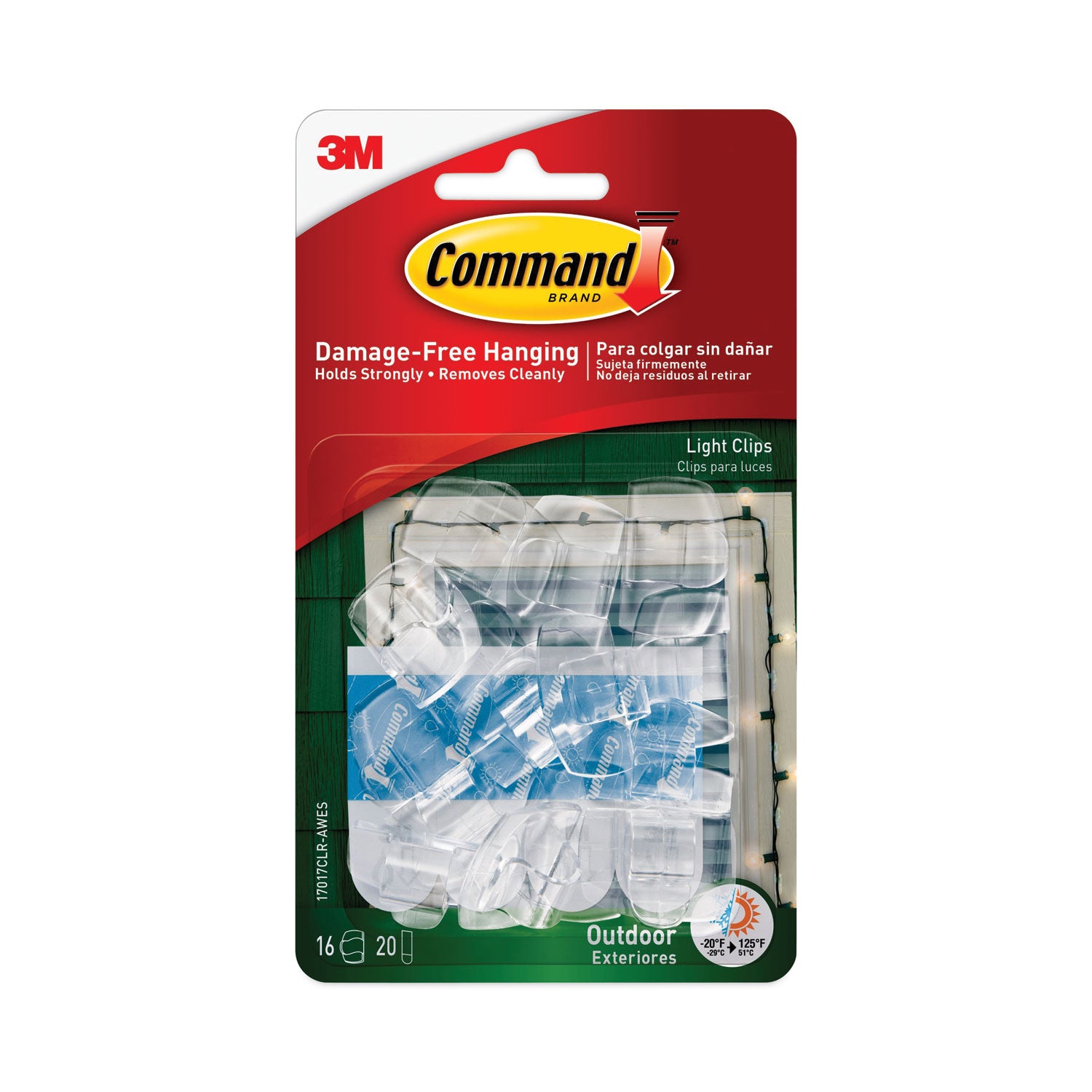 Command™ All Weather Hooks and Strips, Small, Plastic, Clear, 16 Clips and 20 Strips/Pack