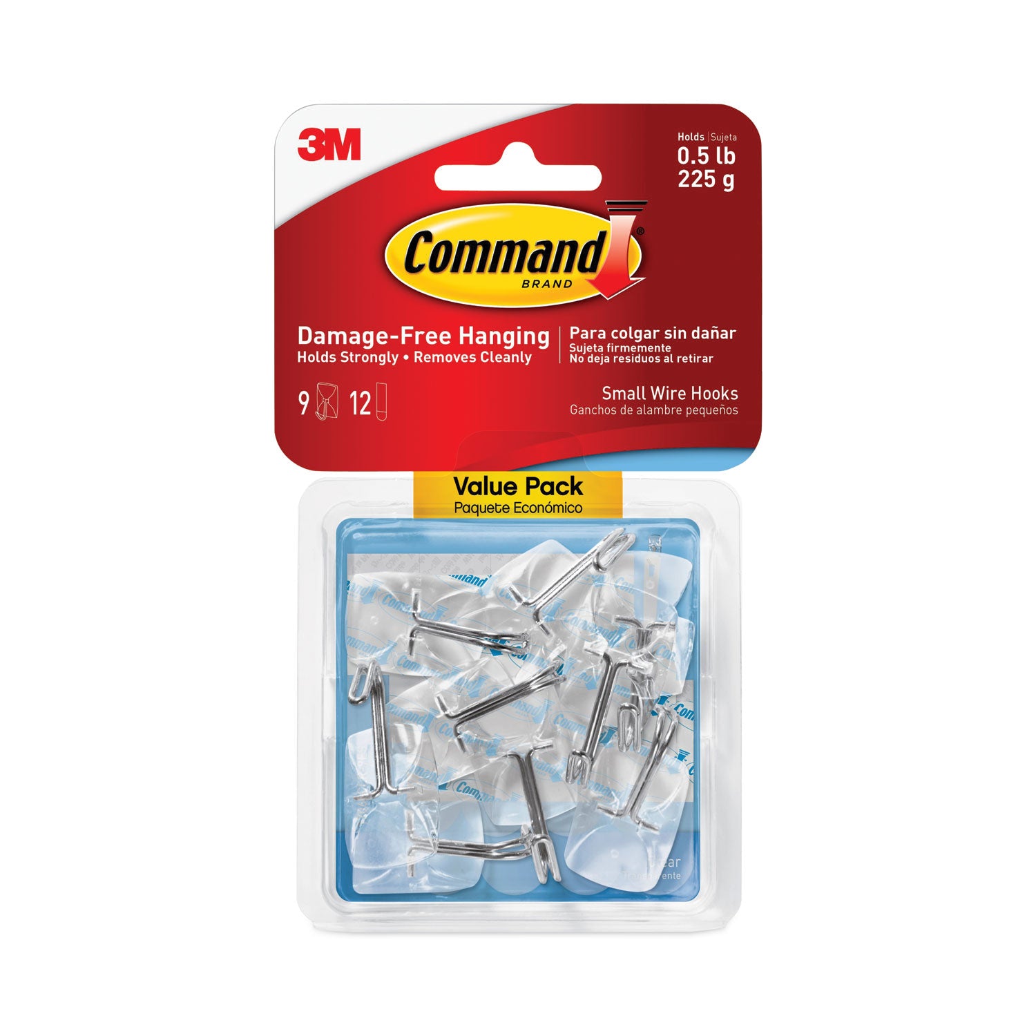 Command™ Clear Hooks and Strips, Small, Plastic/Metal, 0.5 lb, 9 Hooks and 12 Strips/Pack