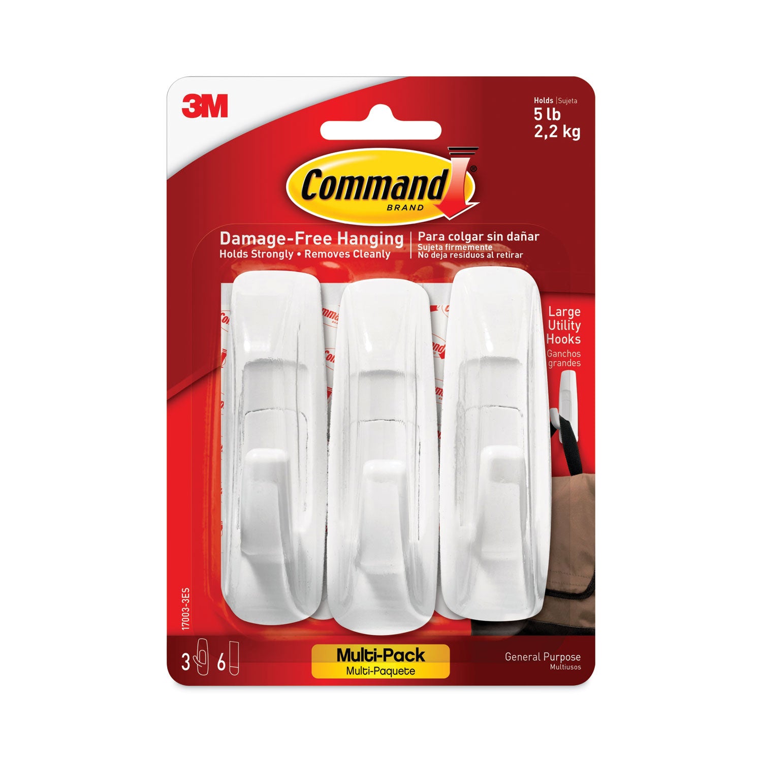 Command™ General Purpose Hooks Multi-Pack, Large, Plastic, White, 5 lb Capacity, 3 Hooks and 6 Strips/Pack