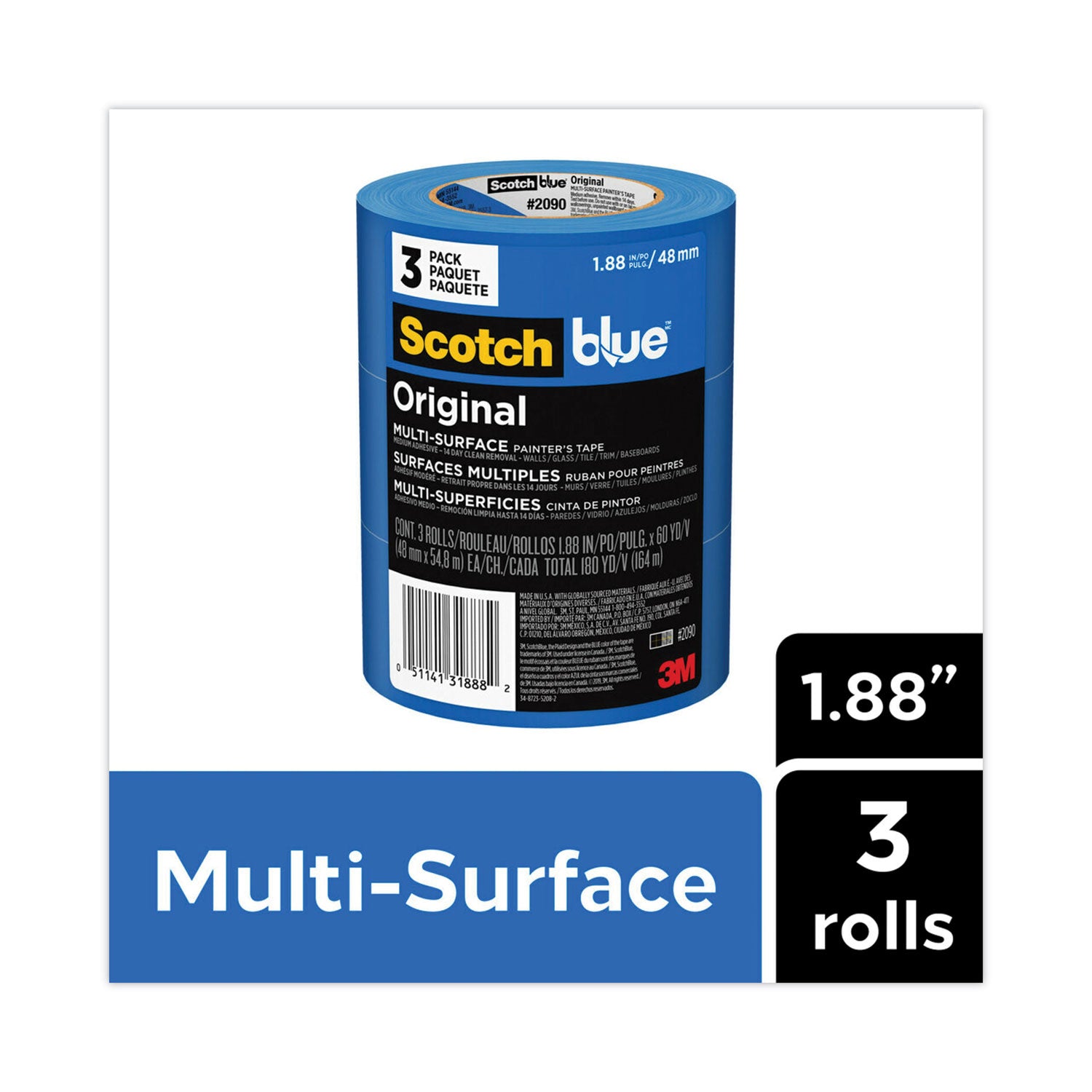 ScotchBlue™ Original Multi-Surface Painter's Tape, 3" Core, 1.88" x 60 yds, Blue, 3/Pack