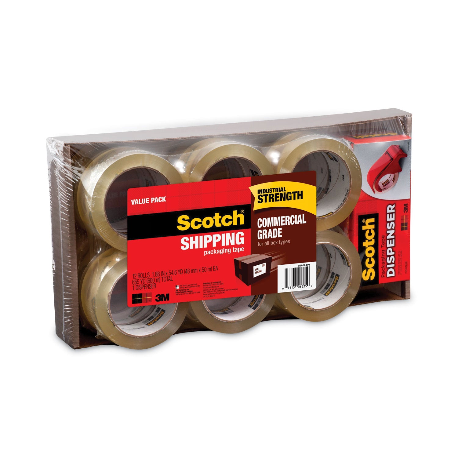 Scotch® 3750 Commercial Grade Packaging Tape with DP300 Dispenser, 3" Core, 1.88" x 54.6 yds, Clear, 12/Pack