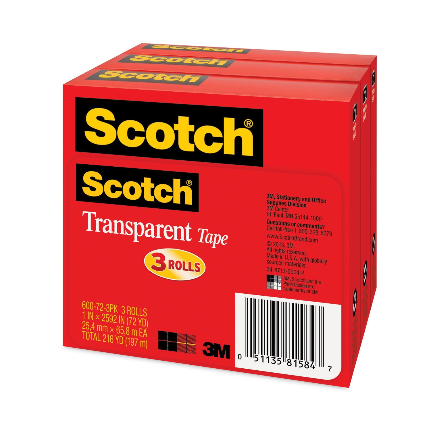 Scotch® Transparent Tape, 3" Core, 1" x 72 yds, Transparent, 3/Pack