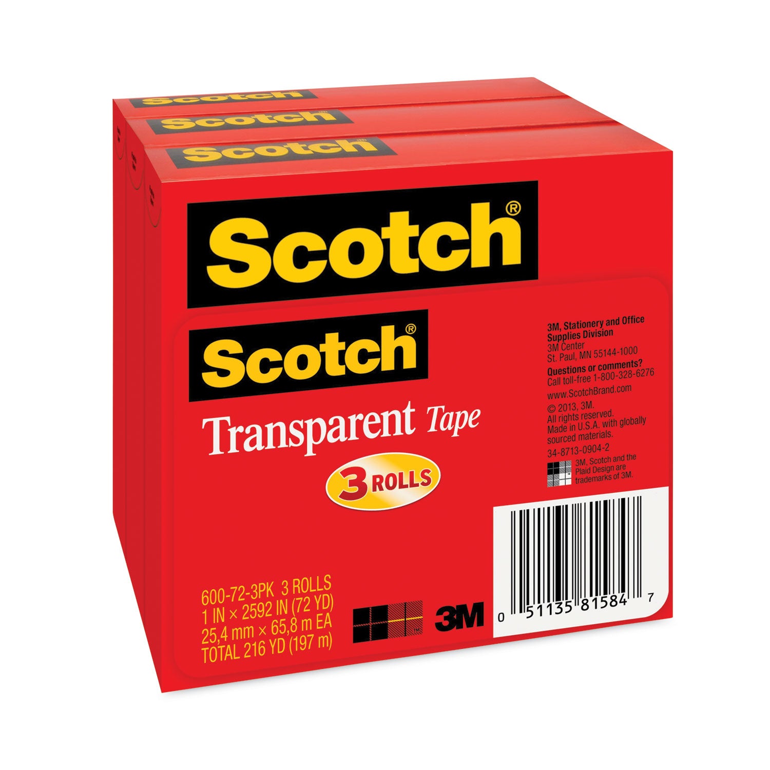 Scotch® Transparent Tape, 3" Core, 1" x 72 yds, Transparent, 3/Pack