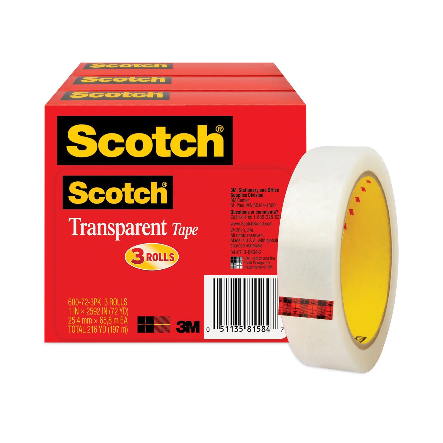 Scotch® Transparent Tape, 3" Core, 1" x 72 yds, Transparent, 3/Pack