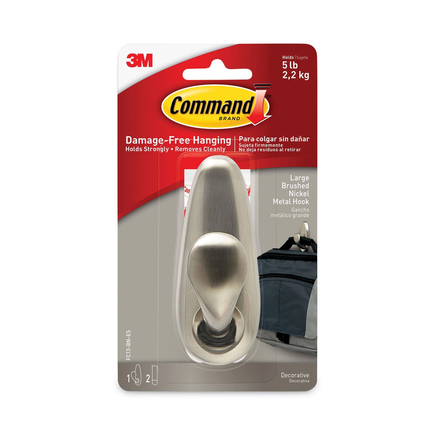 Command™ Adhesive Mount Metal Hook, Large, Brushed Nickel Finish, 5 lb Capacity, 1 Hook and 2 Strips/Pack