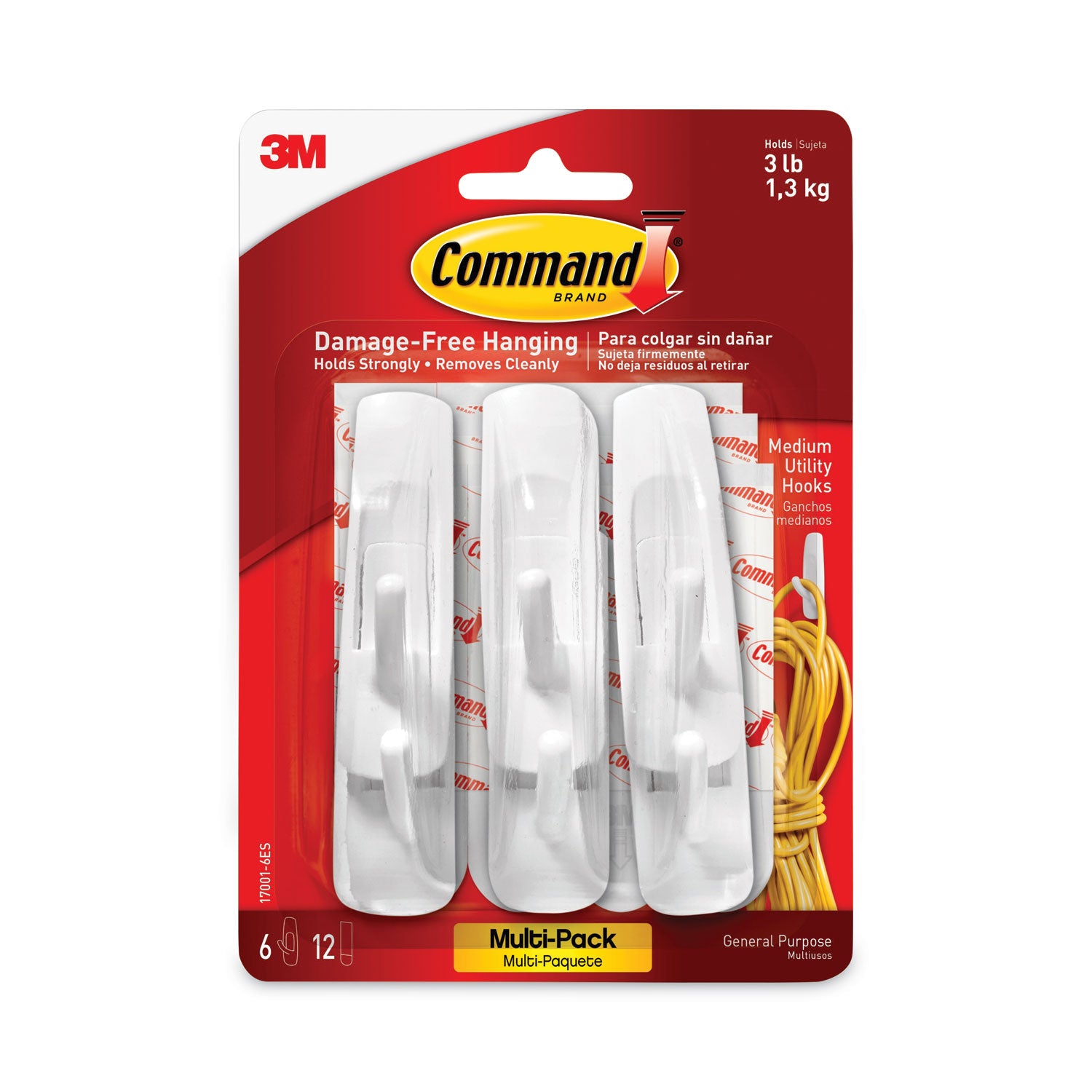 Command™ General Purpose Hooks Multi-Pack, Medium, Plastic, White, 3 lb Capacity, 6 Hooks and 12 Strips/Pack