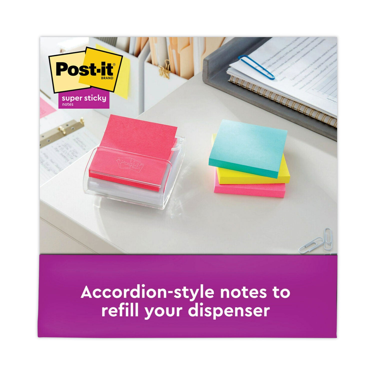 Post-it® Dispenser Notes Super Sticky Pop-up 3 x 3 Note Refill, 3" x 3", Supernova Neons Collection Colors, 90 Sheets/Pad, 10 Pads/Pack