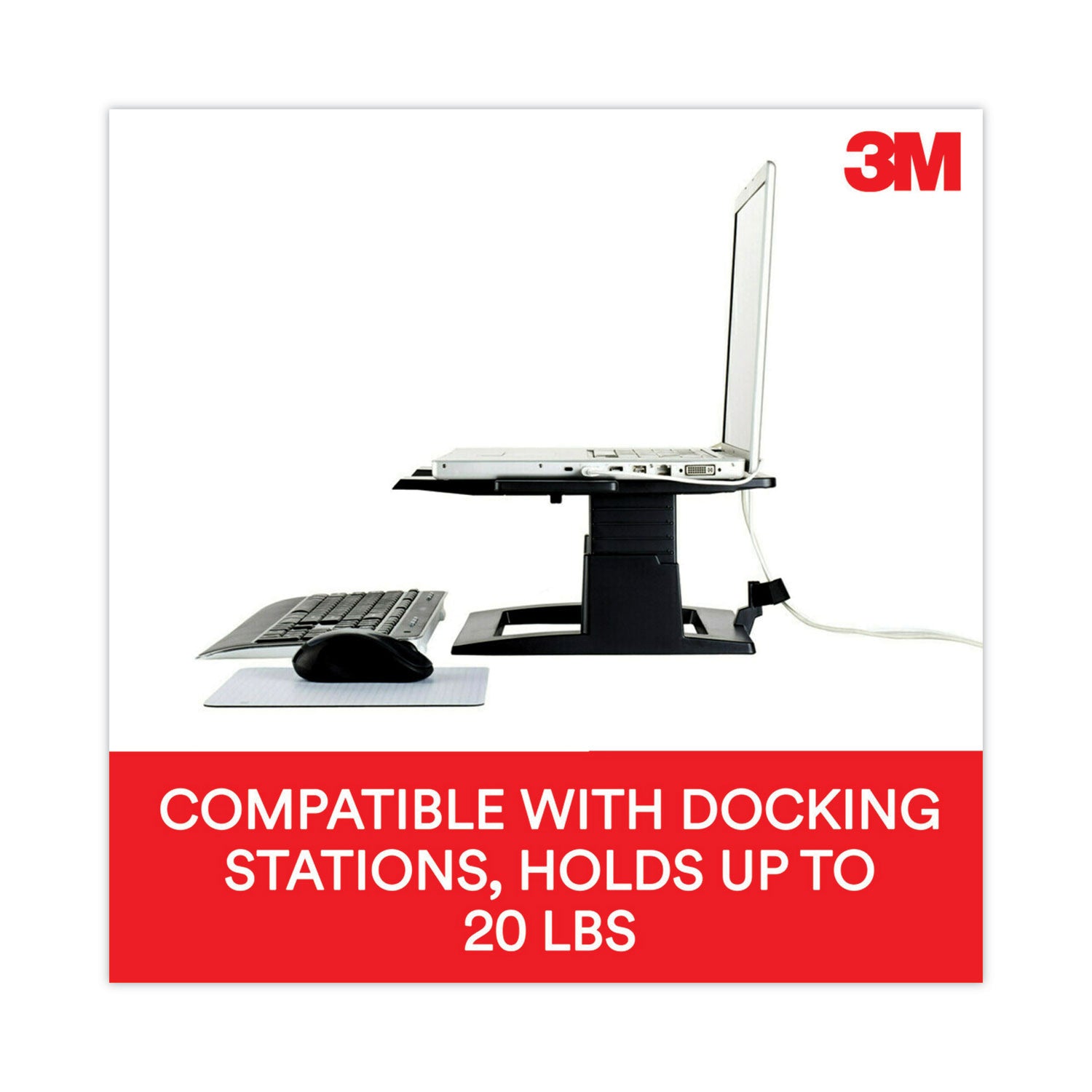 3M™ Adjustable Notebook Riser, 13" x 13" x 4" to 6", Black, Supports 20 lbs