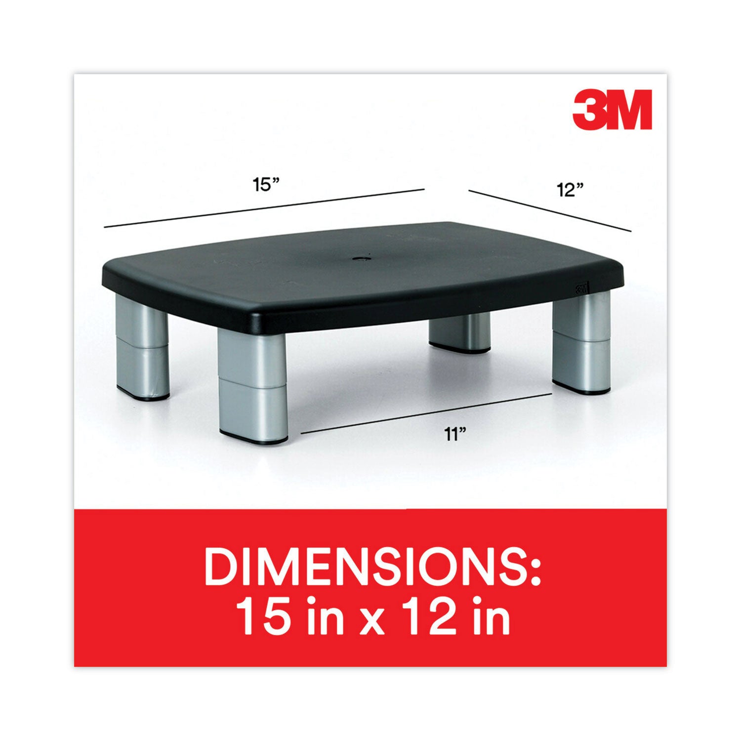 3M™ Adjustable Height Monitor Stand, 15" x 12" x 2.63" to 5.78", Black/Silver, Supports 80 lbs