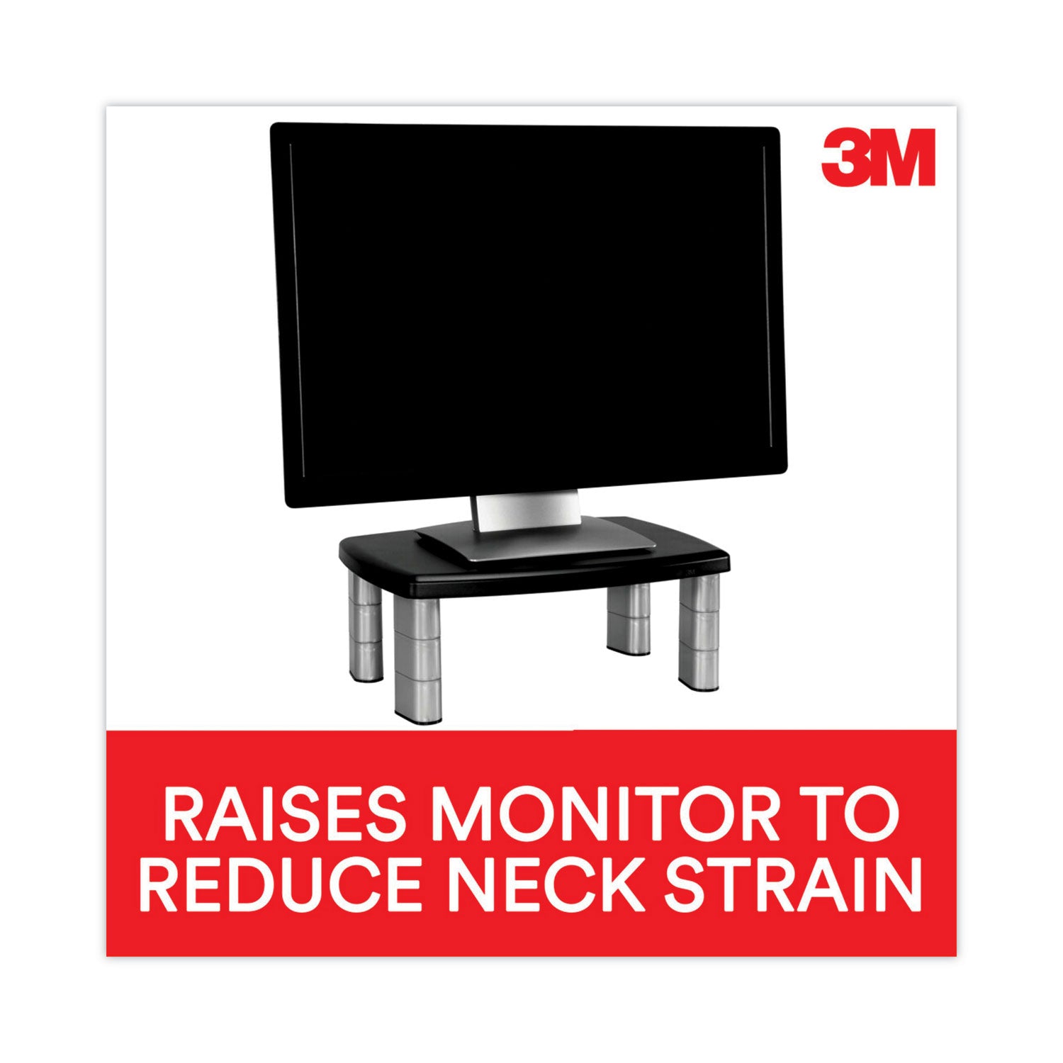 3M™ Adjustable Height Monitor Stand, 15" x 12" x 2.63" to 5.78", Black/Silver, Supports 80 lbs