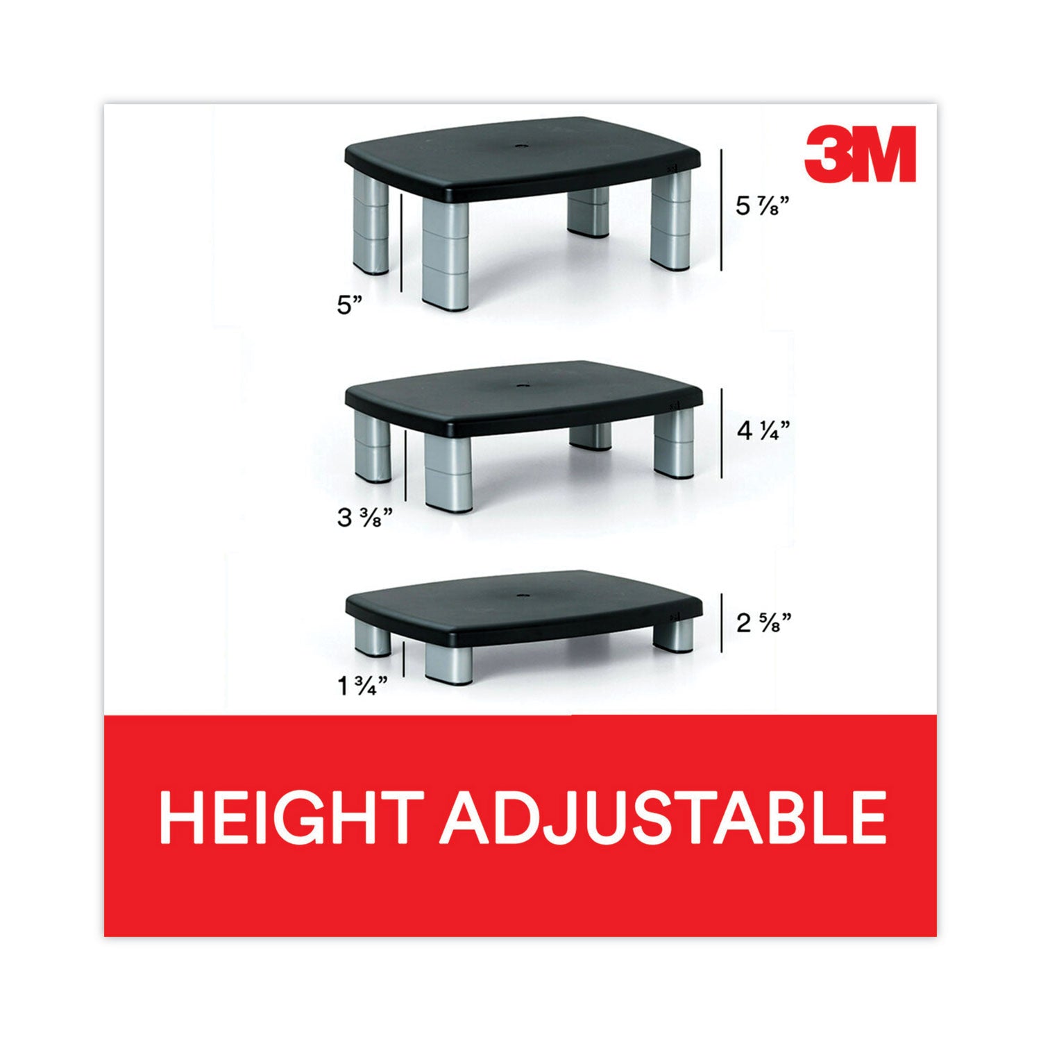 3M™ Adjustable Height Monitor Stand, 15" x 12" x 2.63" to 5.78", Black/Silver, Supports 80 lbs