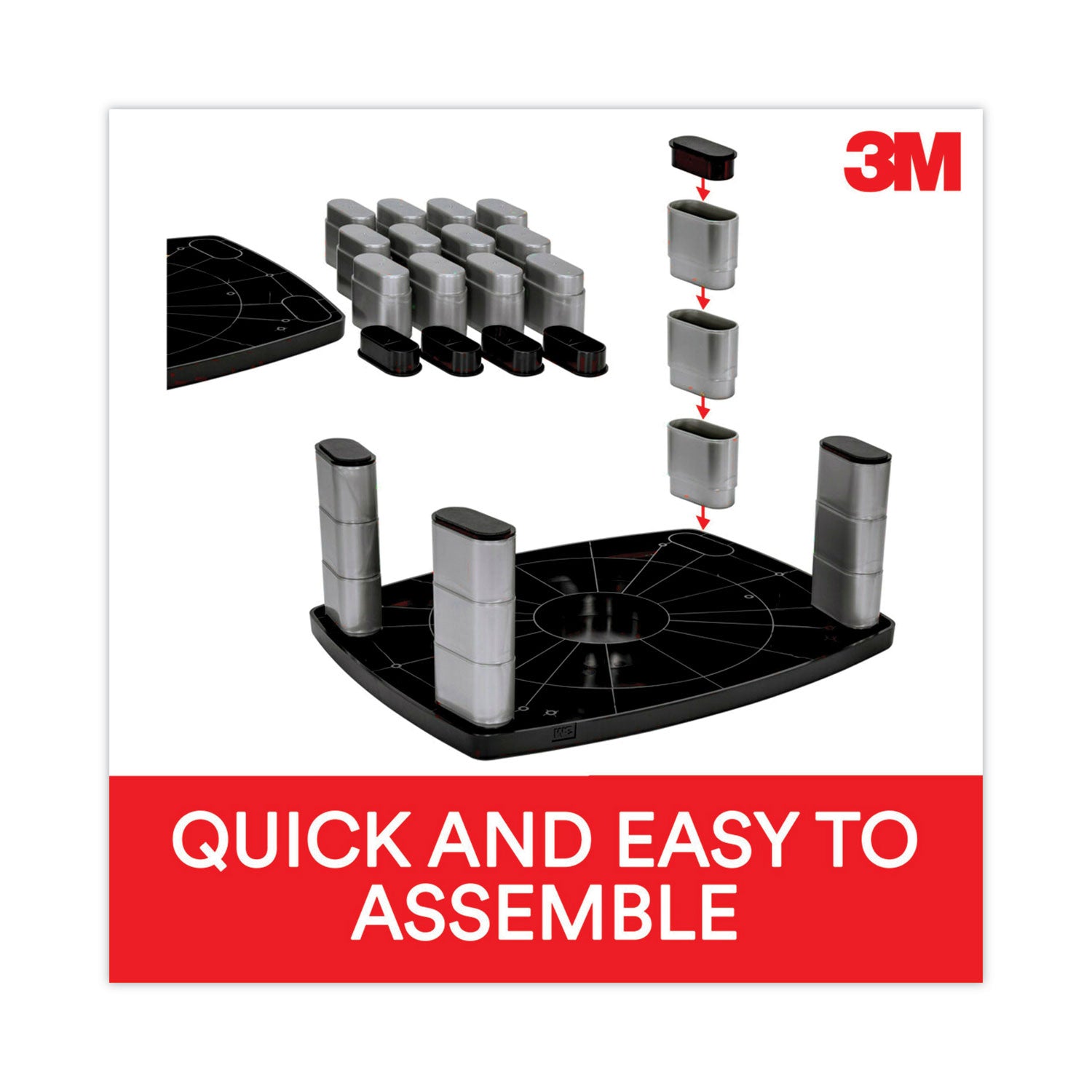 3M™ Adjustable Height Monitor Stand, 15" x 12" x 2.63" to 5.78", Black/Silver, Supports 80 lbs