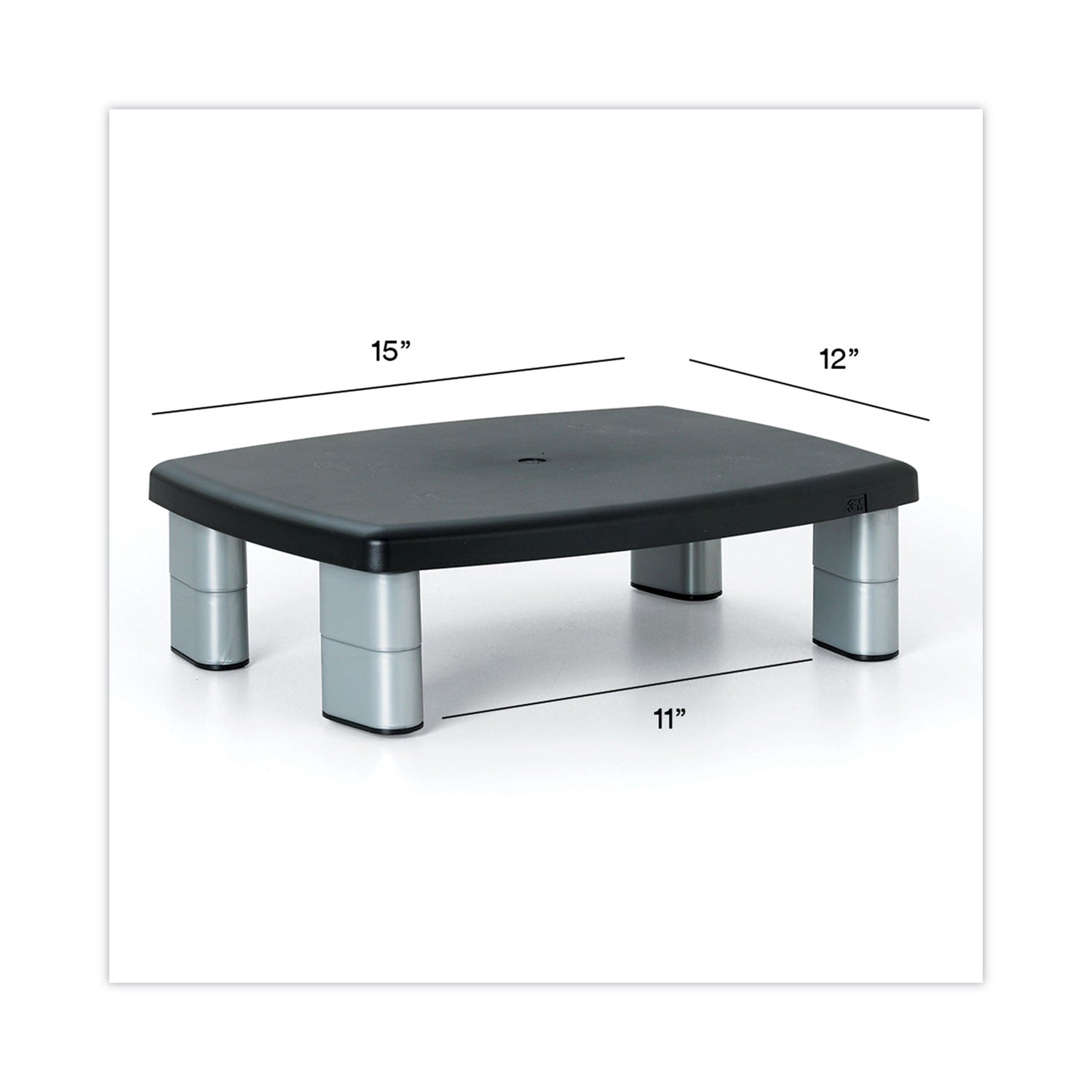 3M™ Adjustable Height Monitor Stand, 15" x 12" x 2.63" to 5.78", Black/Silver, Supports 80 lbs