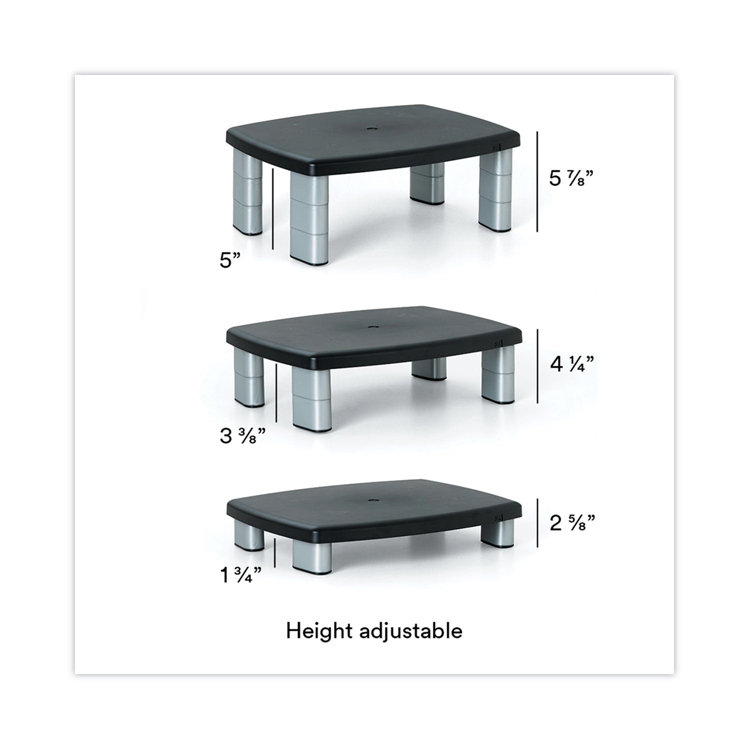 3M™ Adjustable Height Monitor Stand, 15" x 12" x 2.63" to 5.78", Black/Silver, Supports 80 lbs