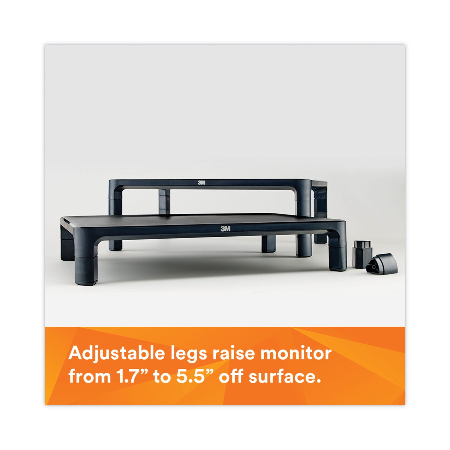 3M™ Adjustable Monitor Stand, 16" x 12" x 1.75" to 5.5", Black, Supports 20 lbs