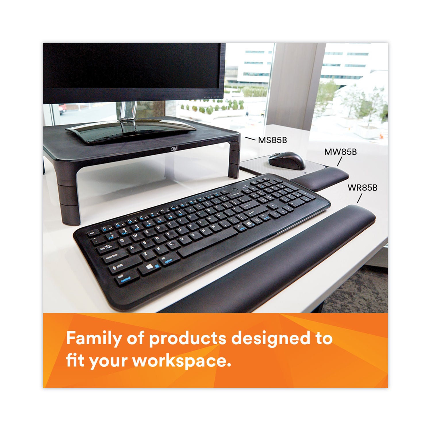 3M™ Adjustable Monitor Stand, 16" x 12" x 1.75" to 5.5", Black, Supports 20 lbs