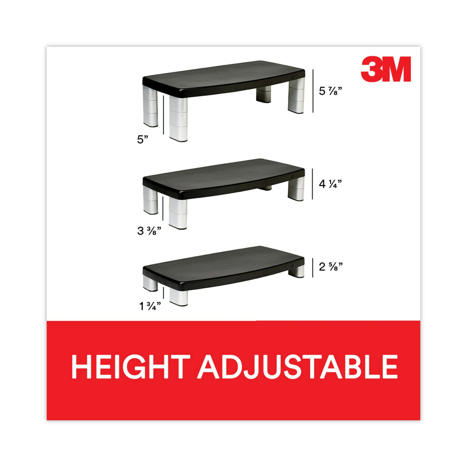 3M™ Extra-Wide Adjustable Monitor Stand, 20" x 12" x 1" to 5.78", Silver/Black, Supports 40 lbs