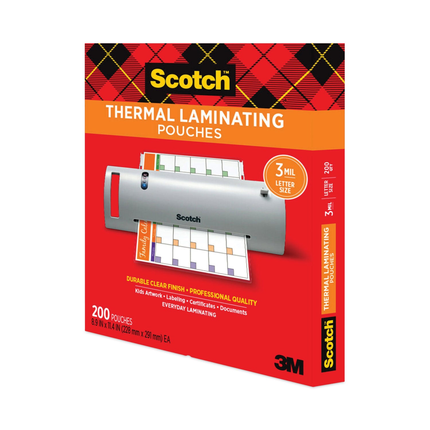 Scotch™ Laminating Pouches, 3 mil, 9" x 11.5", Gloss Clear, 200/Pack