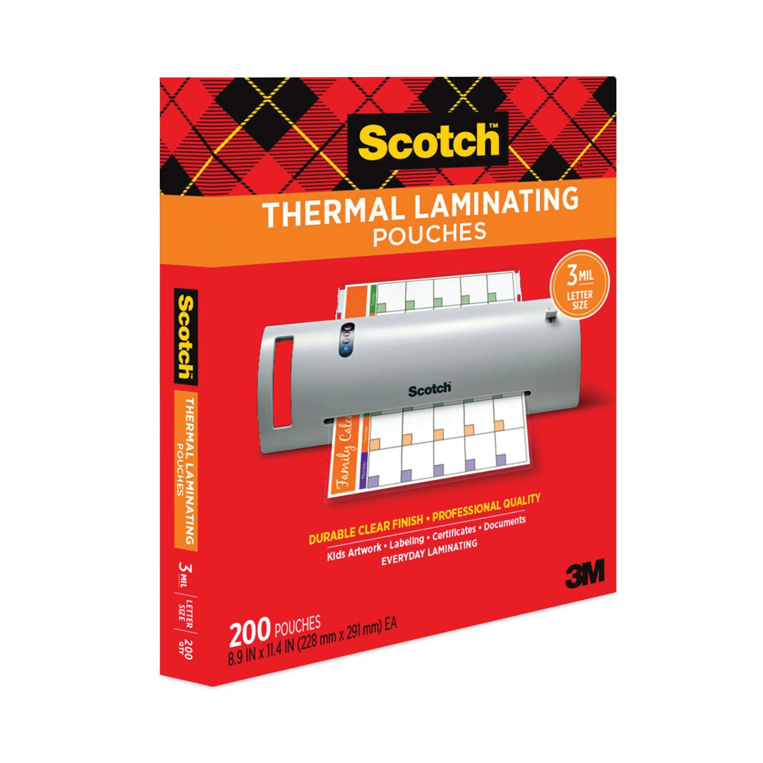 Scotch™ Laminating Pouches, 3 mil, 9" x 11.5", Gloss Clear, 200/Pack