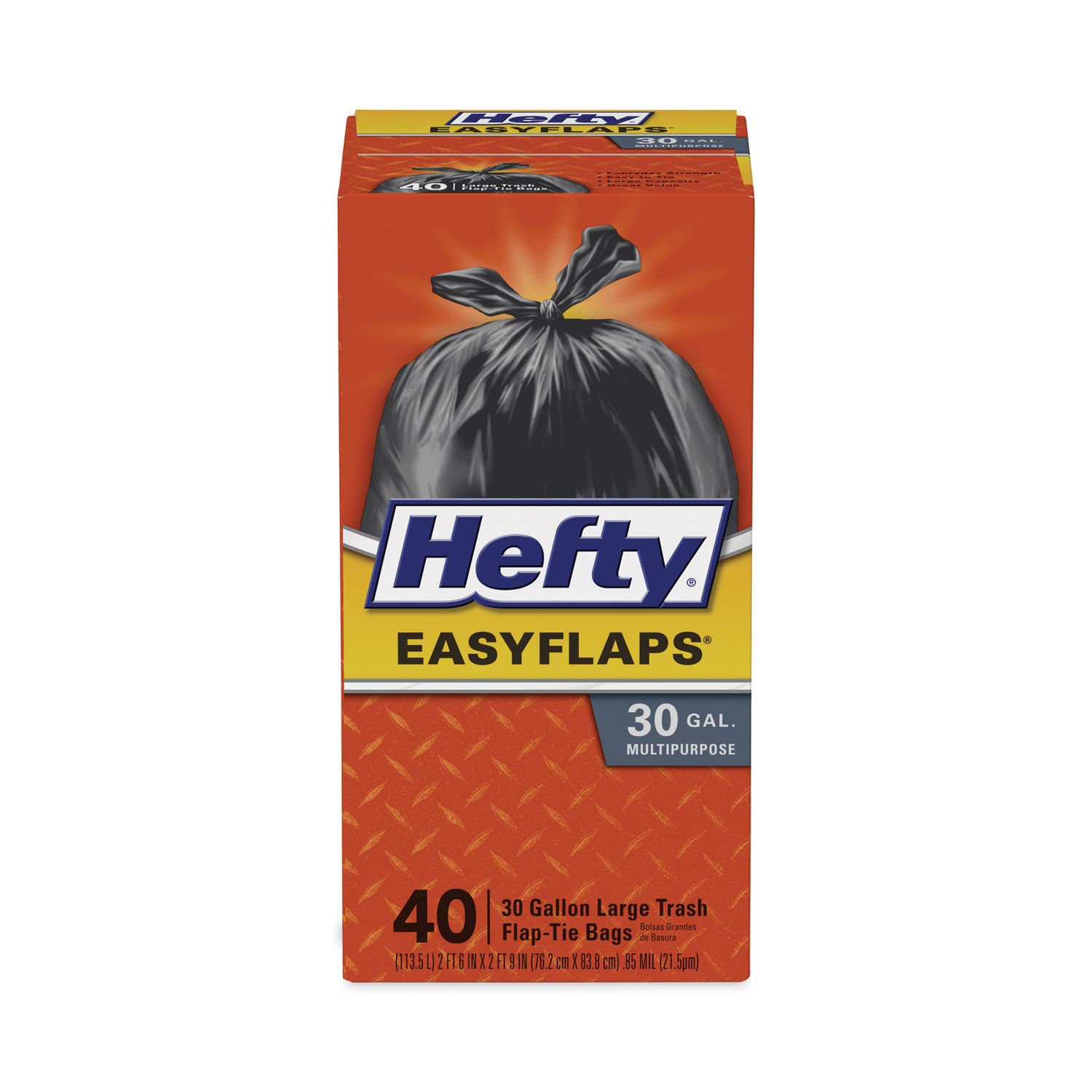 Hefty® Easy Flaps Trash Bags, Tie-Flap, 30 gal, 1.05 mil, 30" x 33", Black, 40/Box