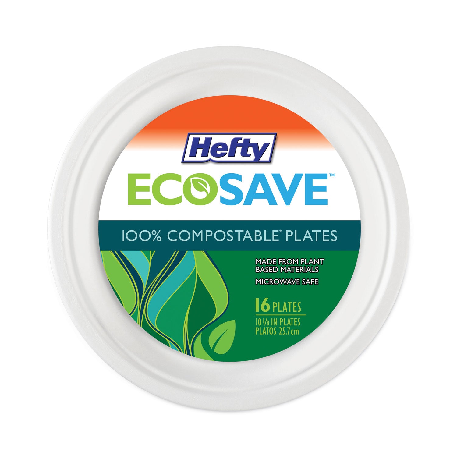 ECOSAVE Tableware, Plate, Bagasse, 10.13" dia, White, 16/Pack