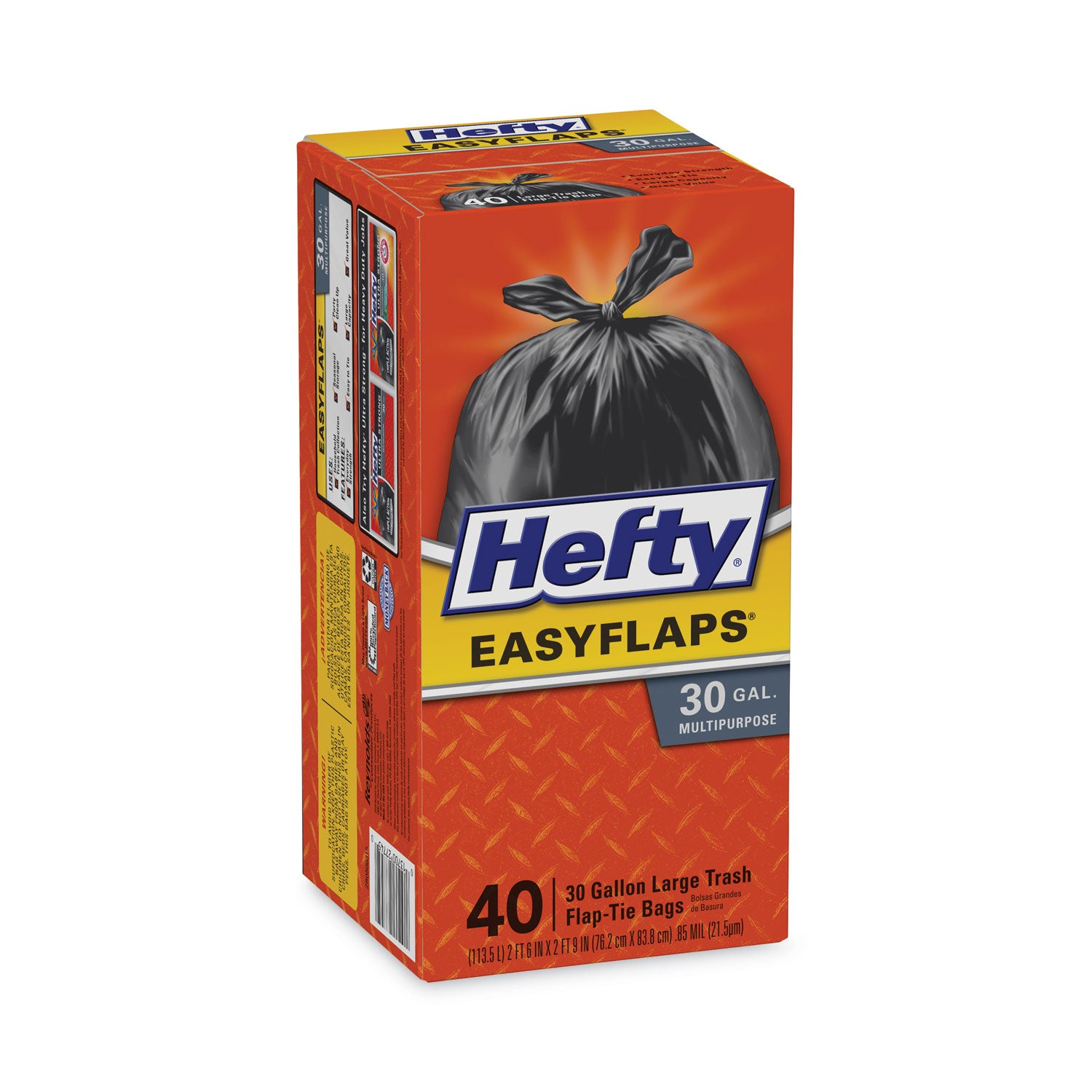 Hefty® Easy Flaps Trash Bags, Tie-Flap, 30 gal, 1.05 mil, 30" x 33", Black, 40/Box