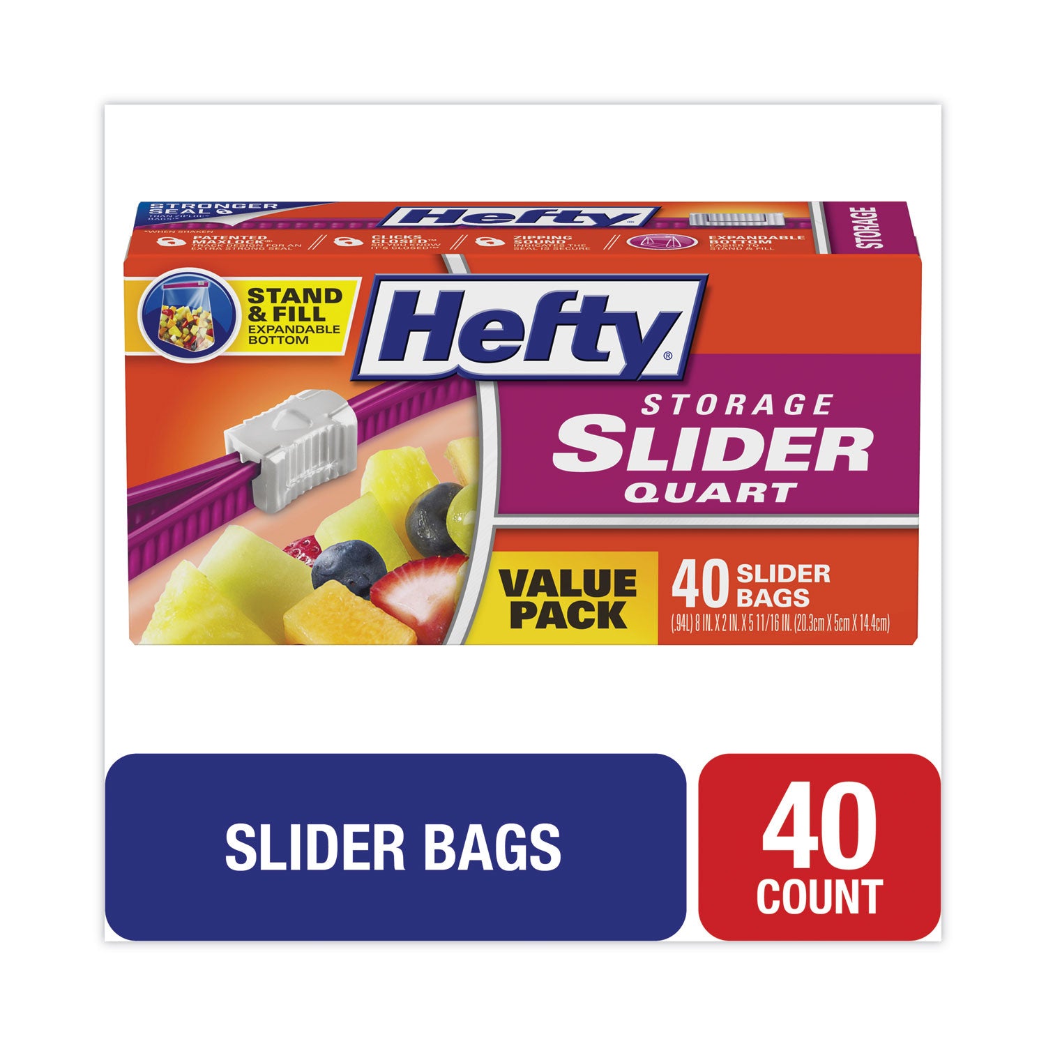 Hefty® Slider Stand and Fill Food Storage Bags, Quart, 8" x 7", Clear, 40/Box