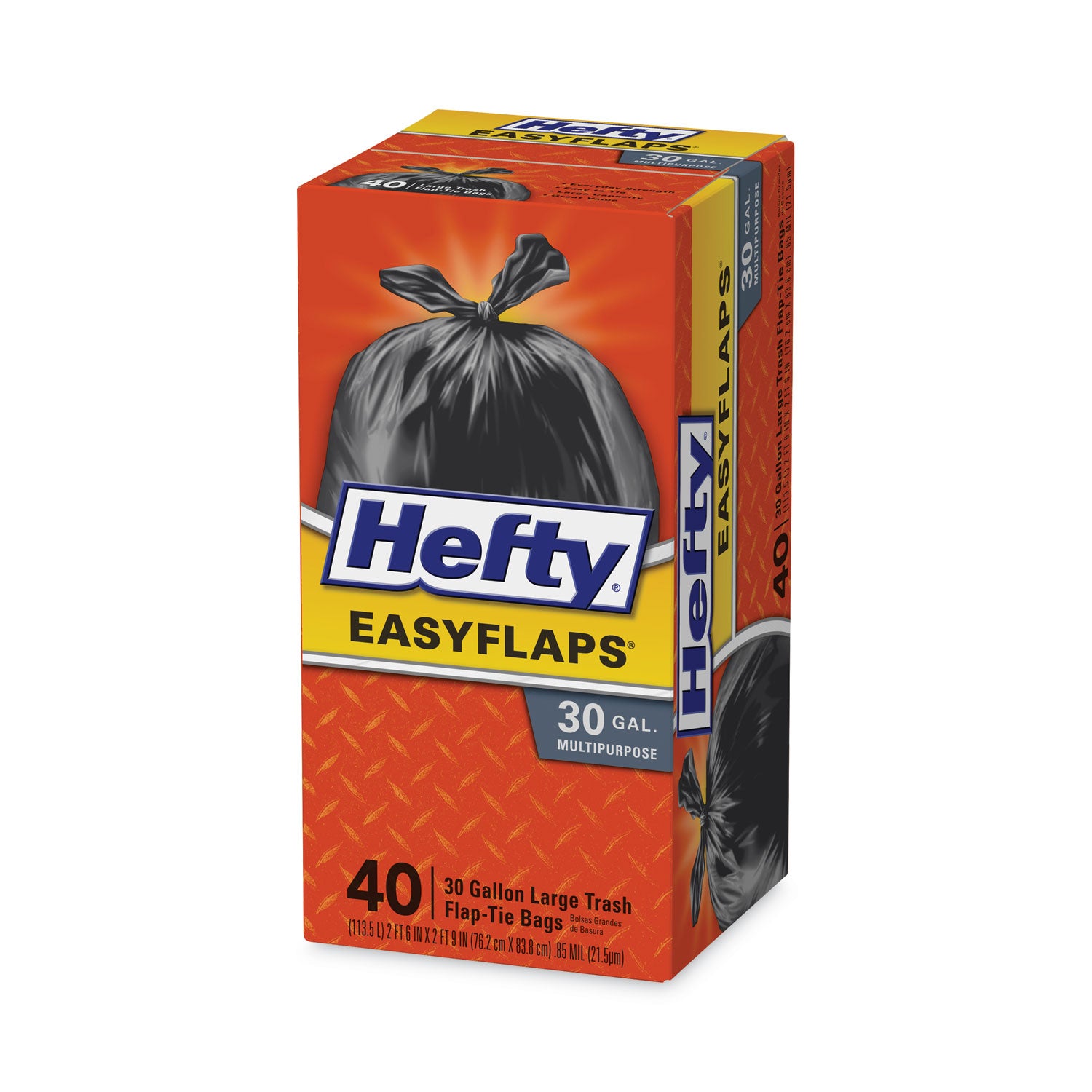 Hefty® Easy Flaps Trash Bags, Tie-Flap, 30 gal, 1.05 mil, 30" x 33", Black, 40/Box