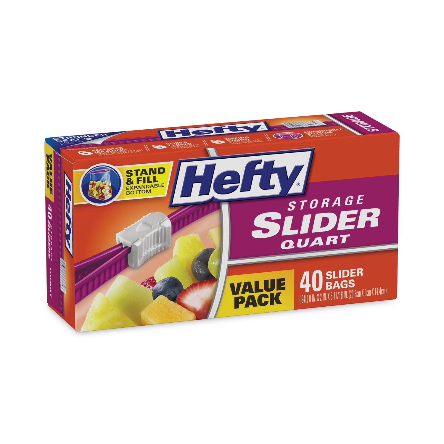 Hefty® Slider Stand and Fill Food Storage Bags, Quart, 8" x 7", Clear, 40/Box