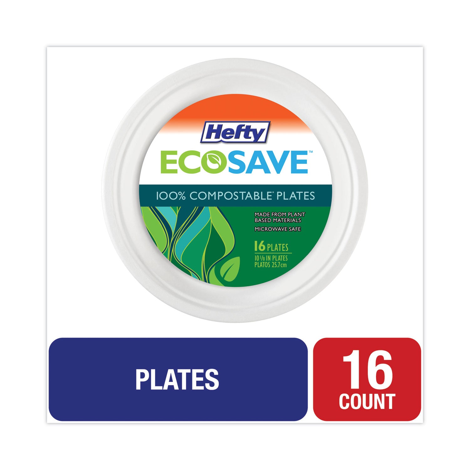 Hefty® ECOSAVE Tableware, Plate, Bagasse, 10.13" dia, White, 16/Pack