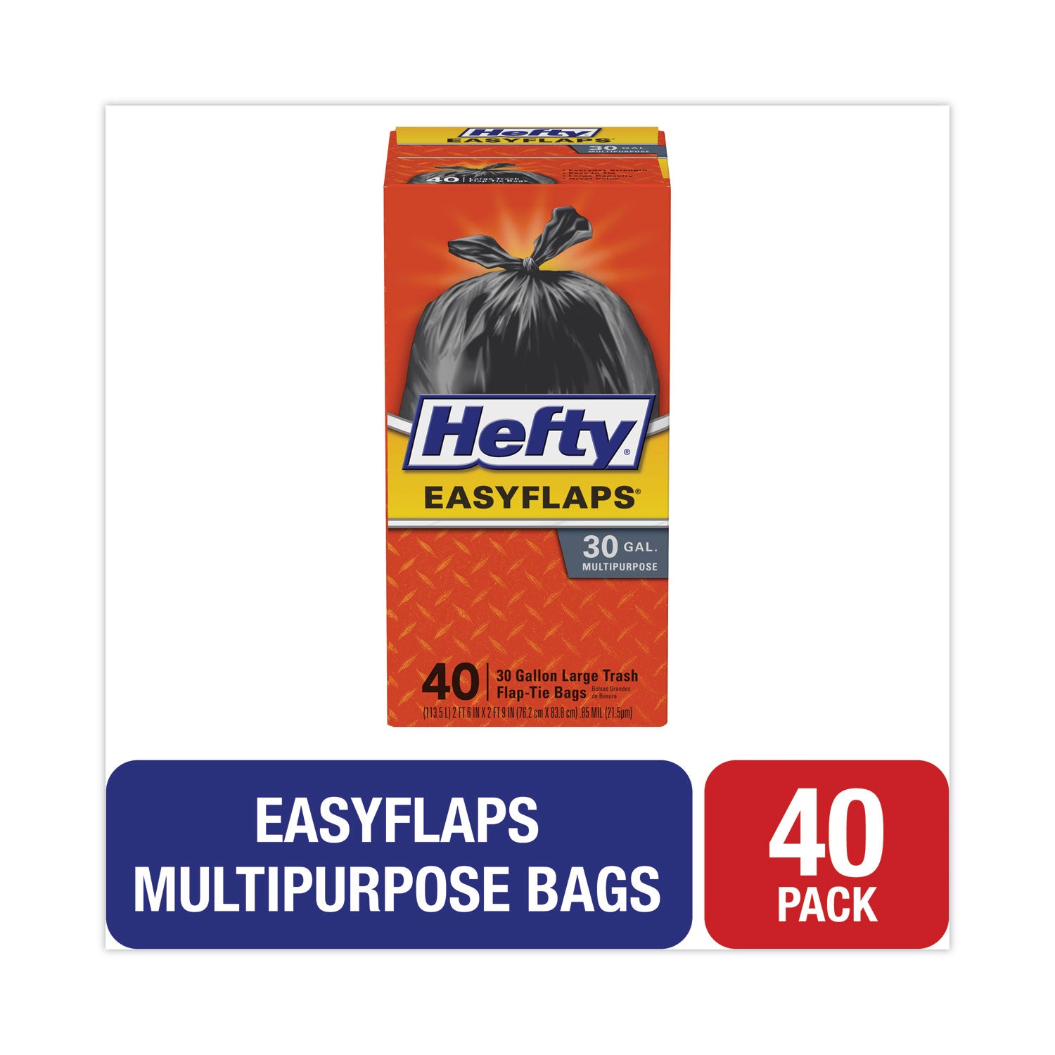 Hefty® Easy Flaps Trash Bags, Tie-Flap, 30 gal, 1.05 mil, 30" x 33", Black, 40/Box