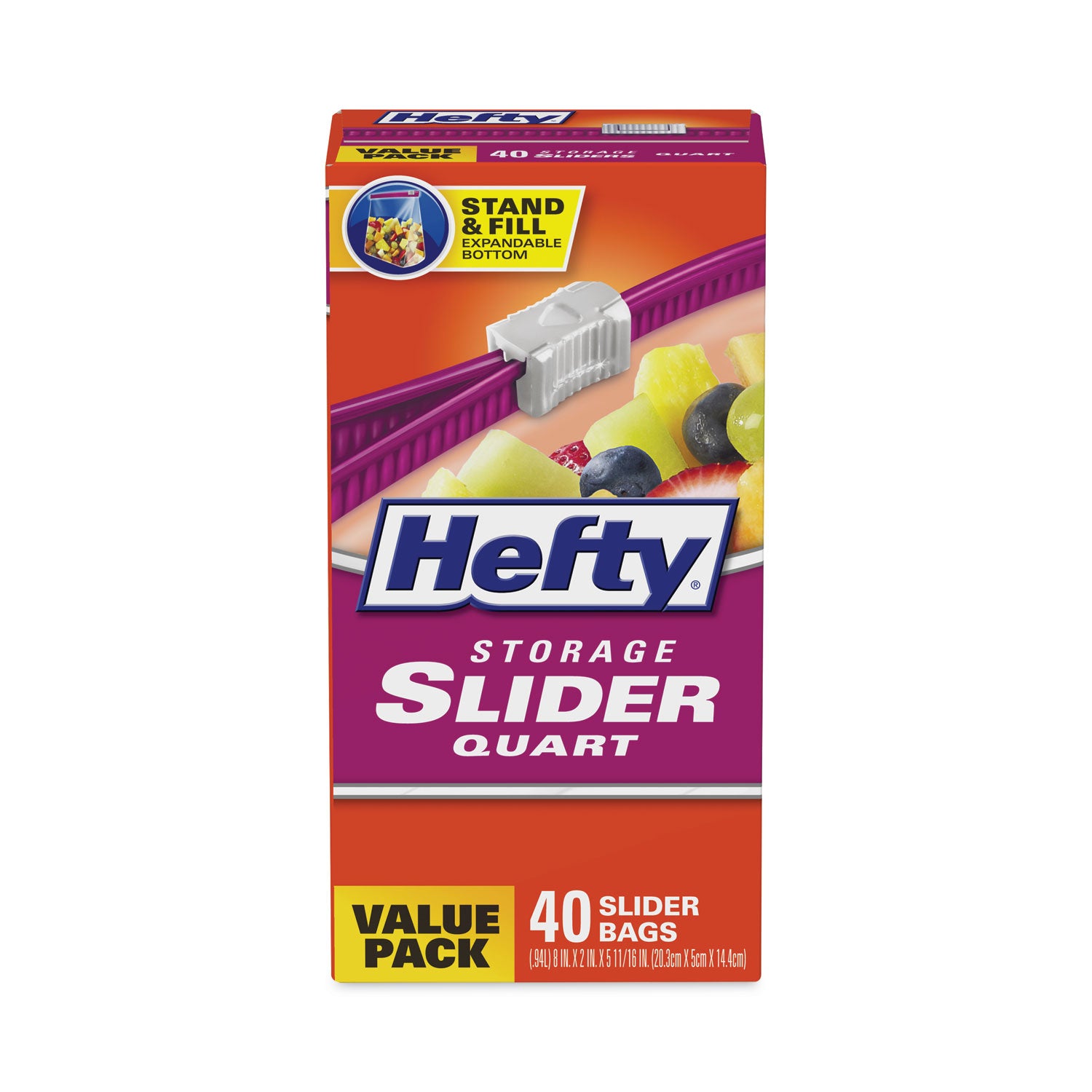 Hefty® Slider Stand and Fill Food Storage Bags, Quart, 8" x 7", Clear, 40/Box