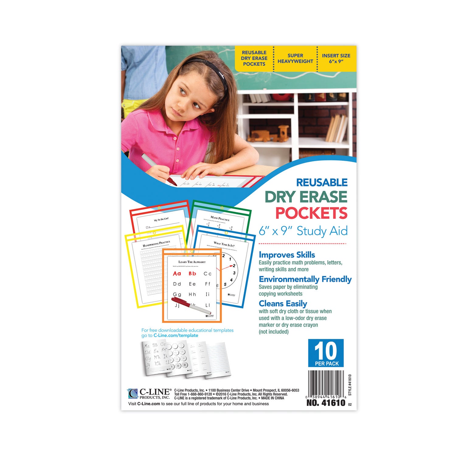 C-Line® Reusable Dry Erase Pockets, 6 x 9, Assorted Primary Colors, 10/Pack