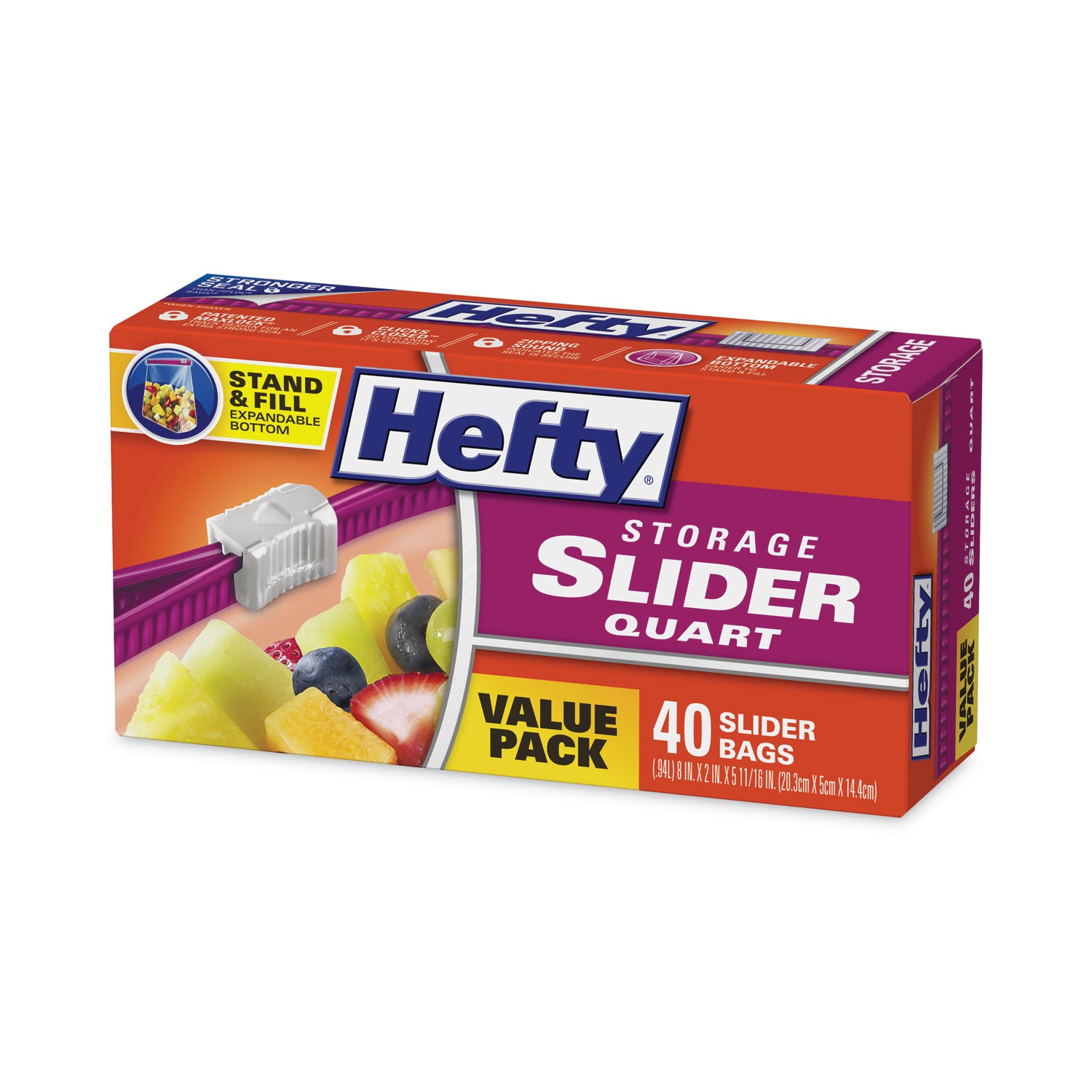 Hefty® Slider Stand and Fill Food Storage Bags, Quart, 8" x 7", Clear, 40/Box