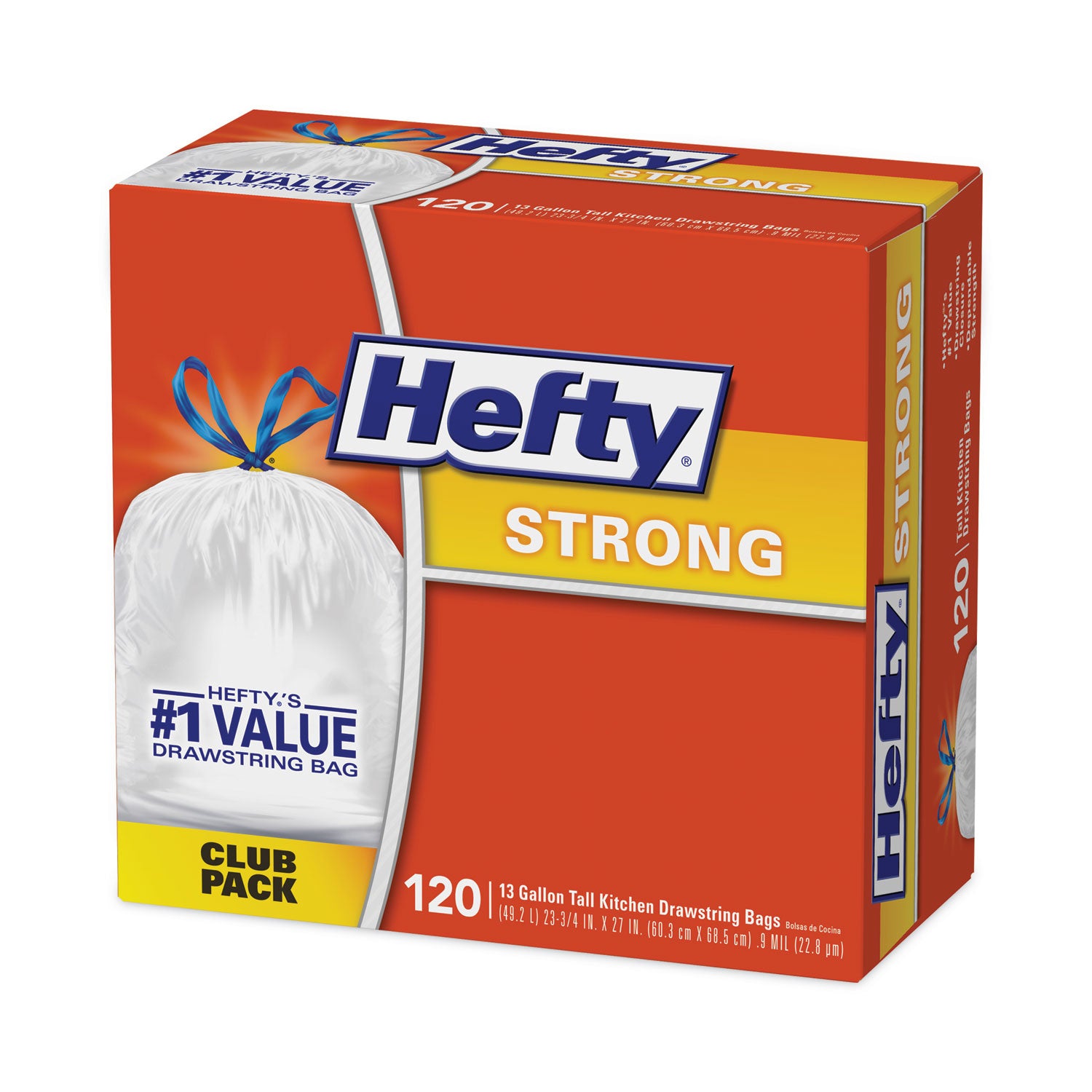 Hefty® Strong Tall Kitchen Drawstring Bags, 13 gal, 24" x 27.75", White, 120/Box