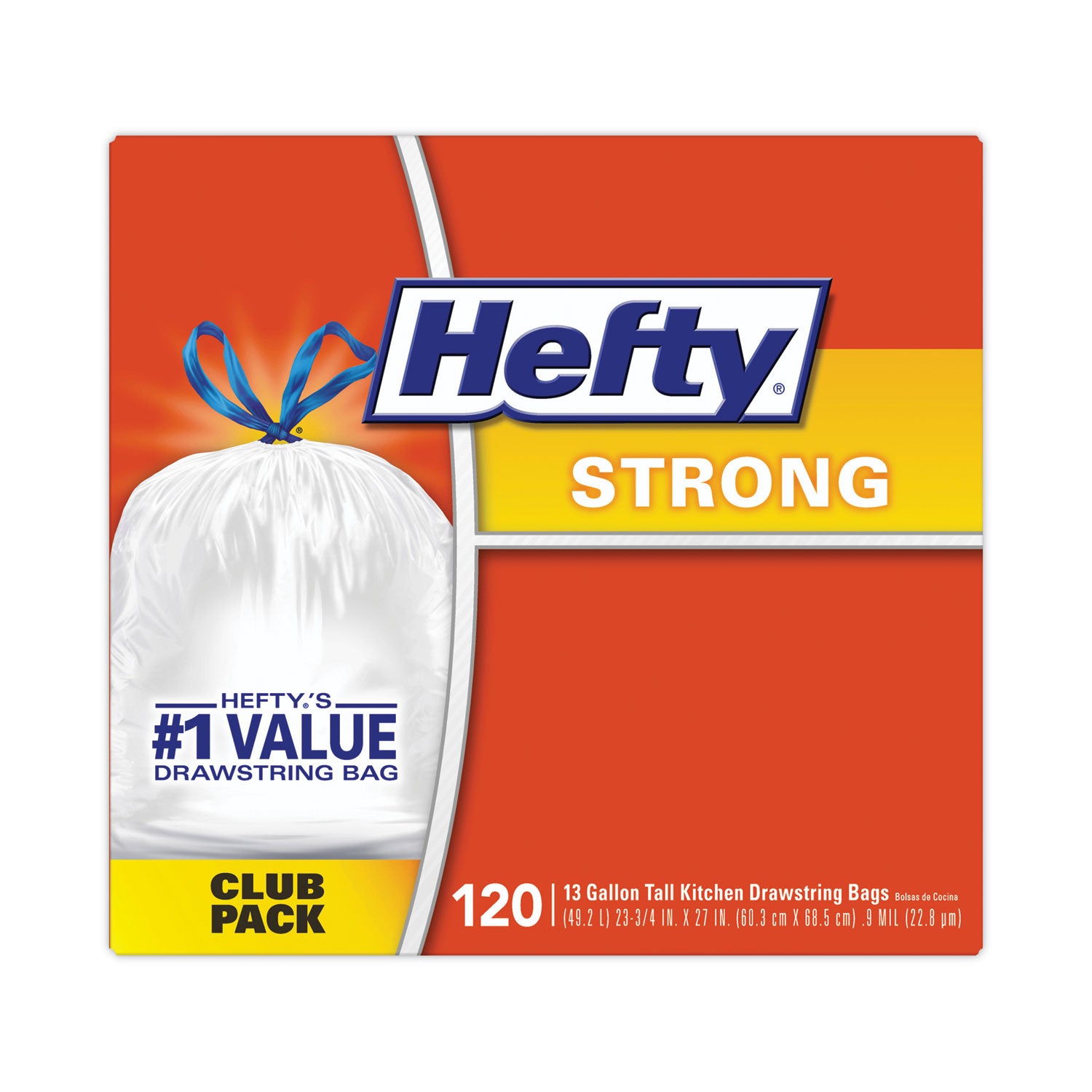 Hefty® Strong Tall Kitchen Drawstring Bags, 13 gal, 24" x 27.75", White, 120/Box