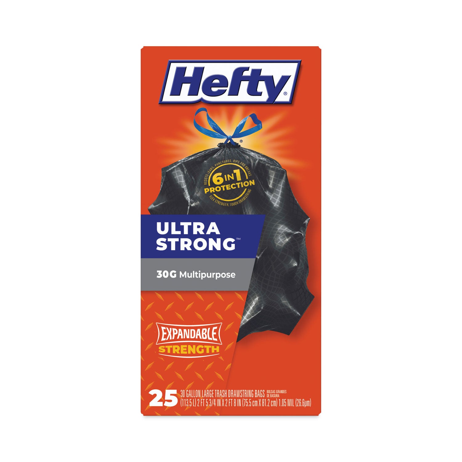 Hefty® Ultra Flex Waste Bags, Drawstring, 30 gal, 1.05 mil, 6" x 2.1", Black, 150/Carton