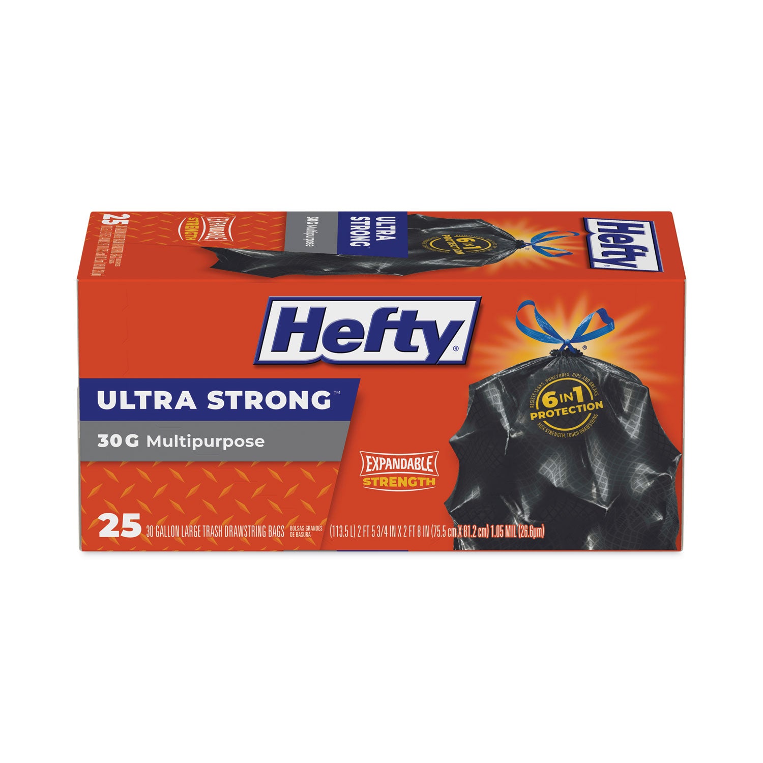 Ultra Flex Waste Bags, Drawstring, 30 gal, 1.05 mil, 6" x 2.1", Black, 150/Carton