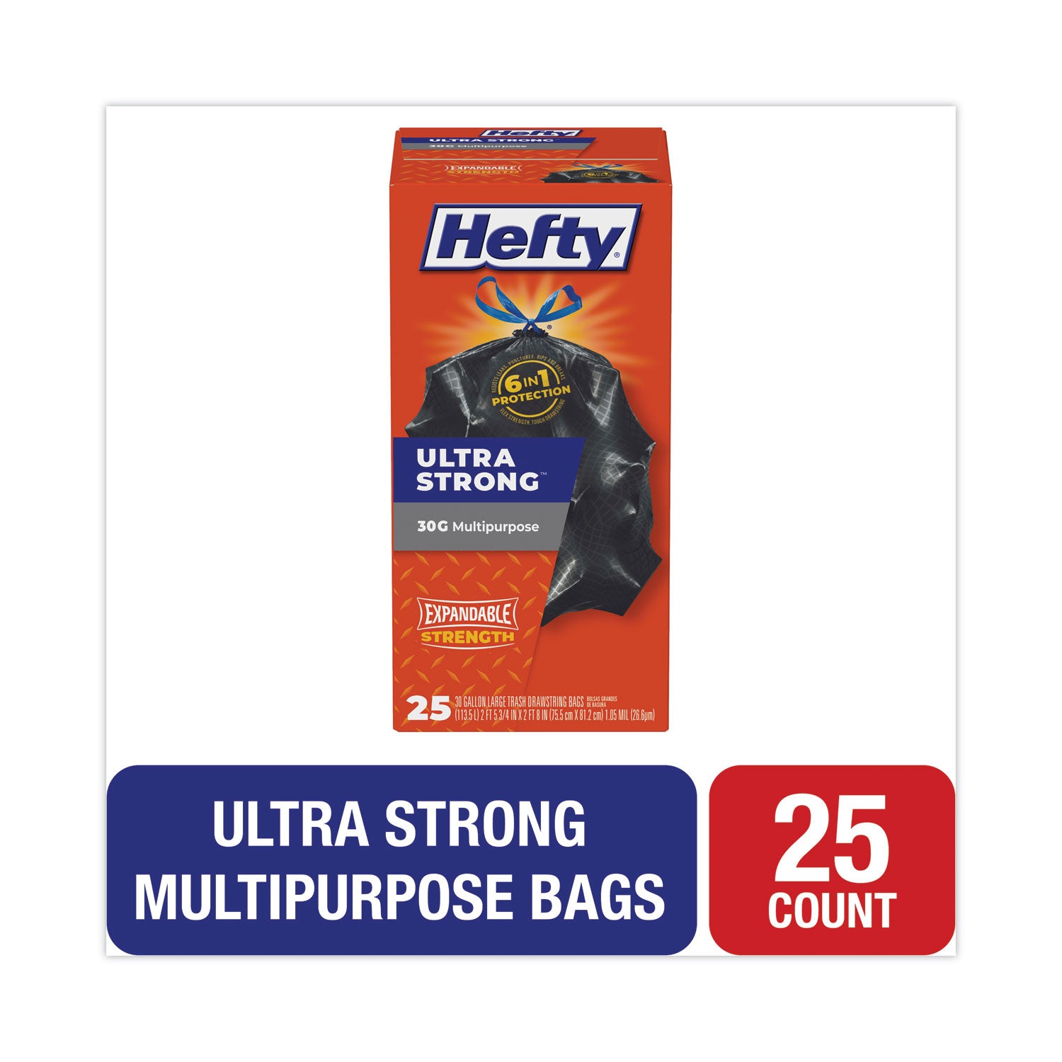 Hefty® Ultra Flex Waste Bags, Drawstring, 30 gal, 1.05 mil, 6" x 2.1", Black, 150/Carton