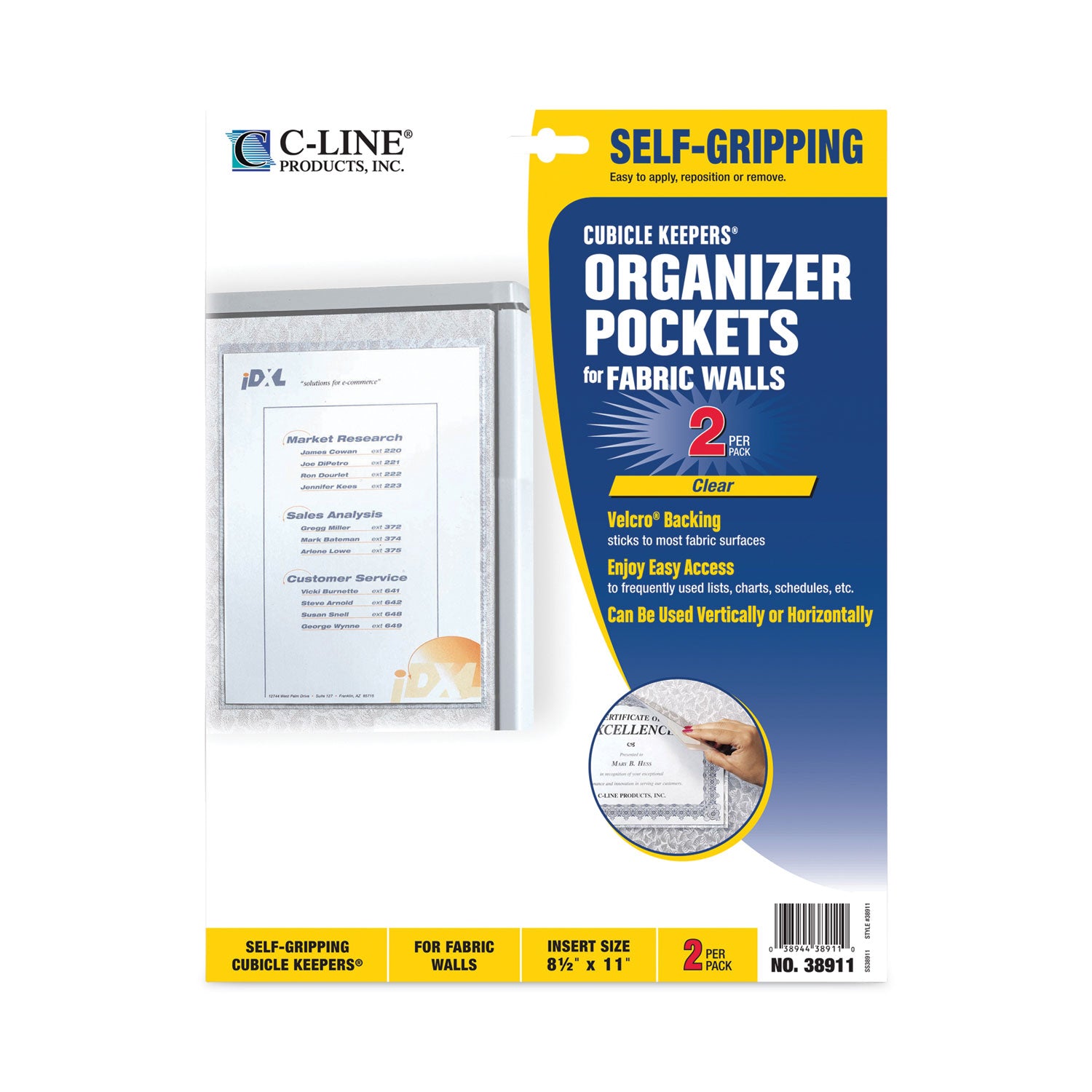 C-Line® Cubicle Keepers Hook and Loop-Backed Display, 9.2 x 11.41, Velcro Mount, Clear, 2/Pack