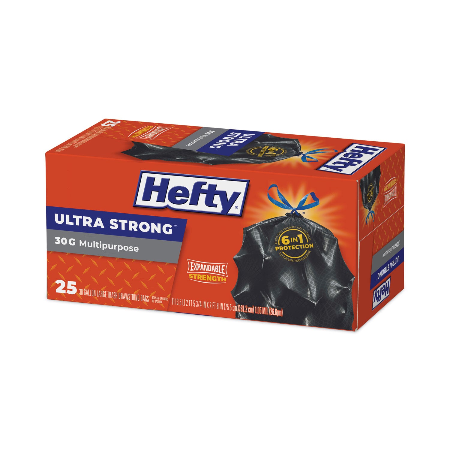 Hefty® Ultra Flex Waste Bags, Drawstring, 30 gal, 1.05 mil, 6" x 2.1", Black, 150/Carton