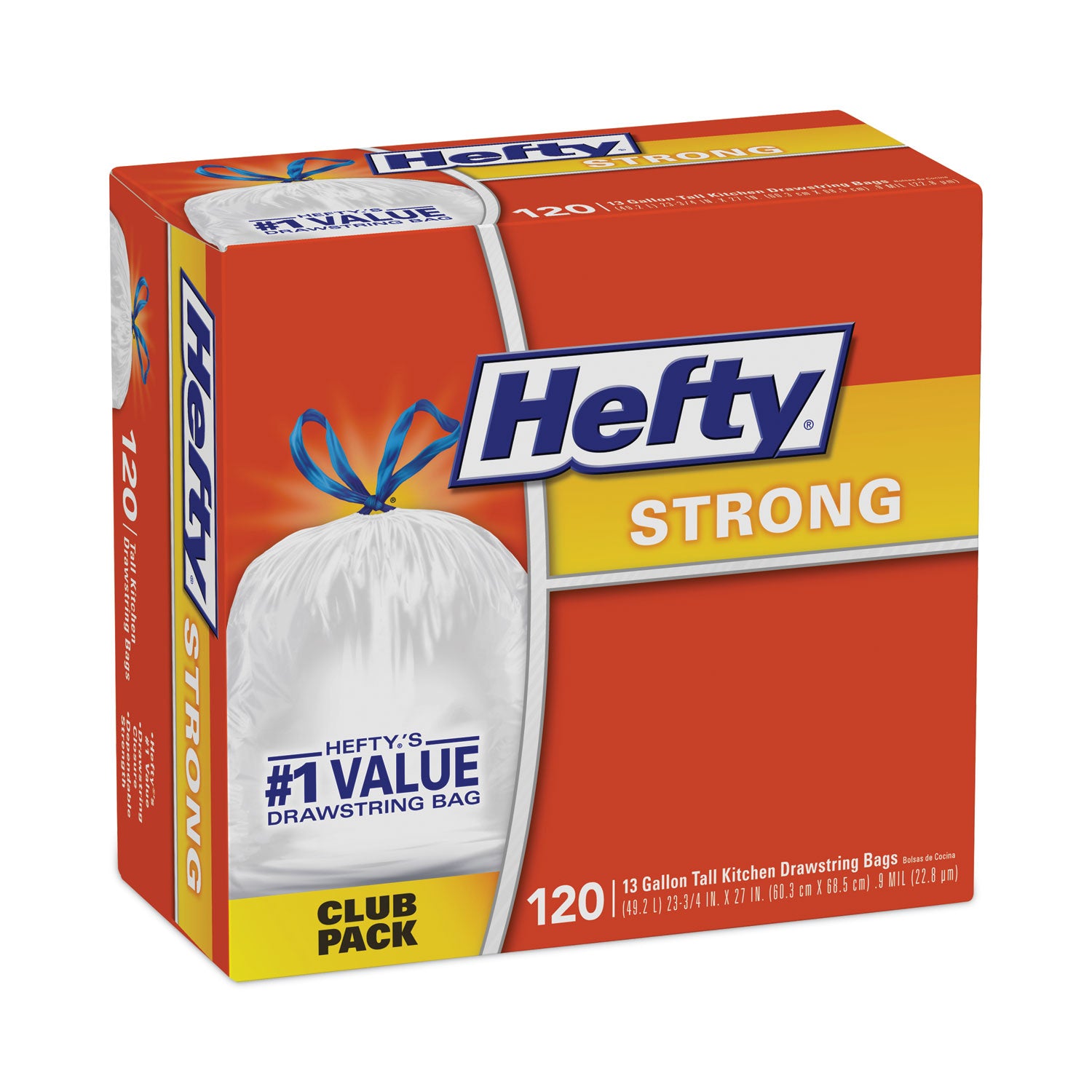 Hefty® Strong Tall Kitchen Drawstring Bags, 13 gal, 23.75" x 27", White, 90/Box